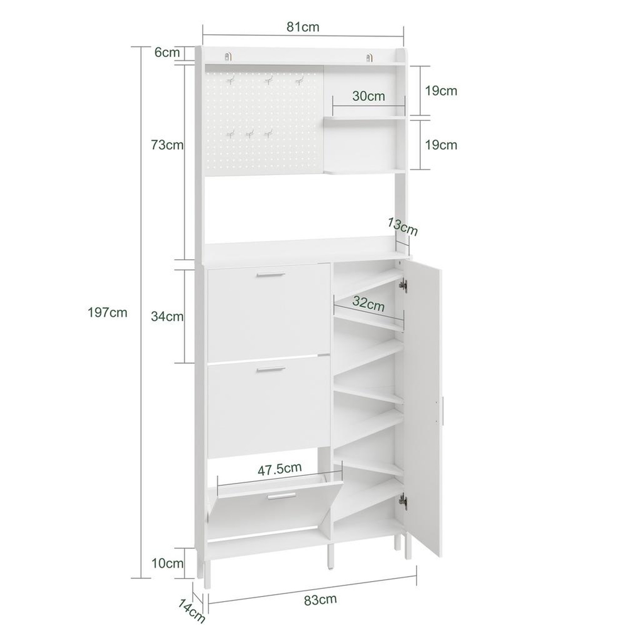 Voir la diapositive 3 : SOBUY Armoire à chaussures blanc 12 paires étroite 14 cm 3 tiroirs basculants 1 porte