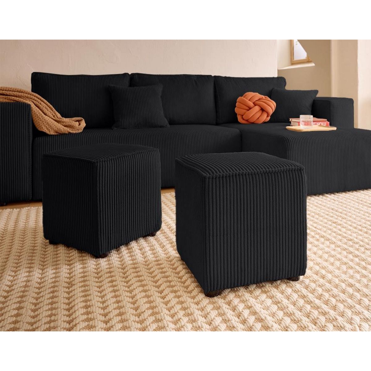 BEST MOBILIER Topaze - canapé d'angle réversible 4 places - convertible avec coffre, tablette et poufs - en velours côtelé