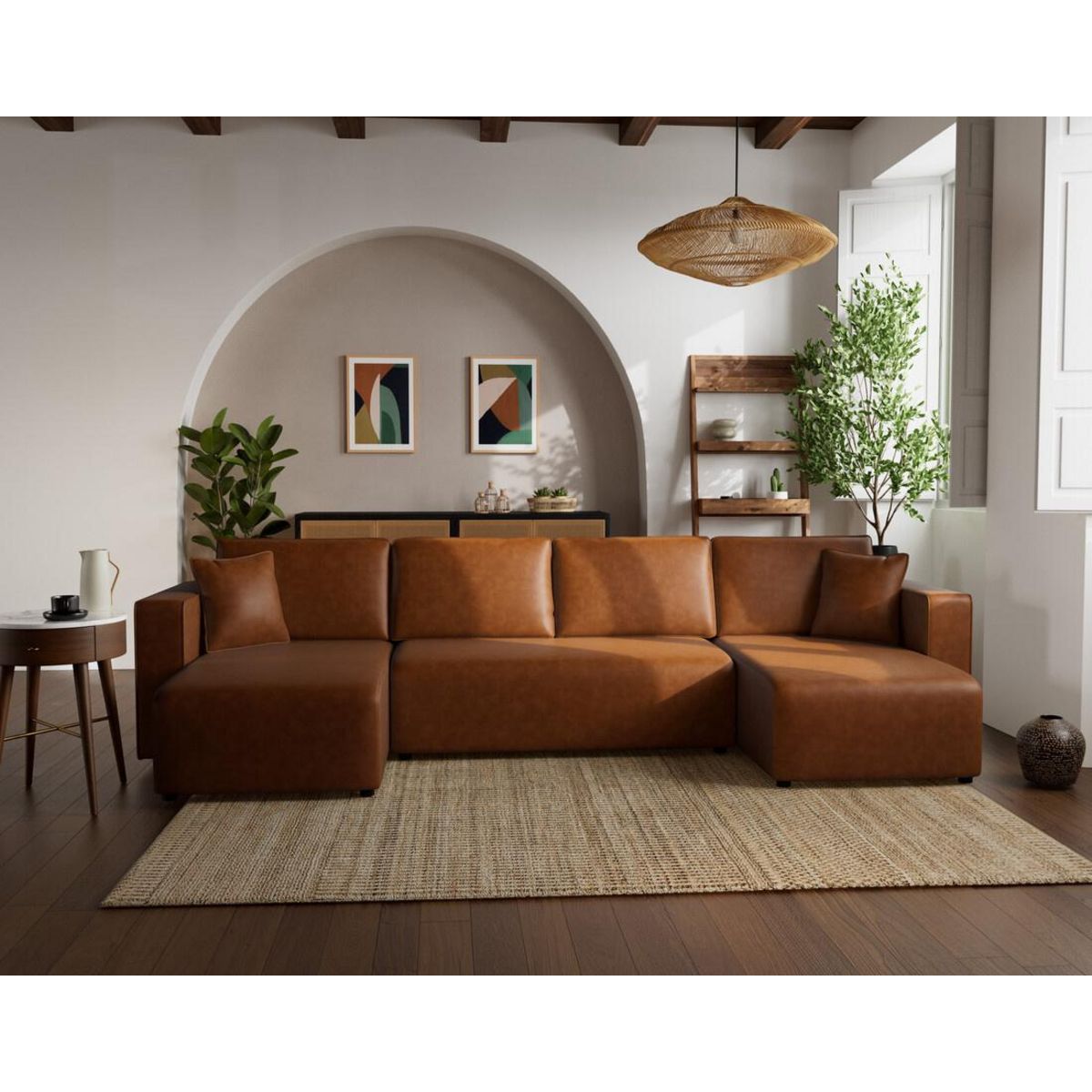 BEST MOBILIER Topaze - canapé panoramique en u 7 places convertible avec coffre en simili