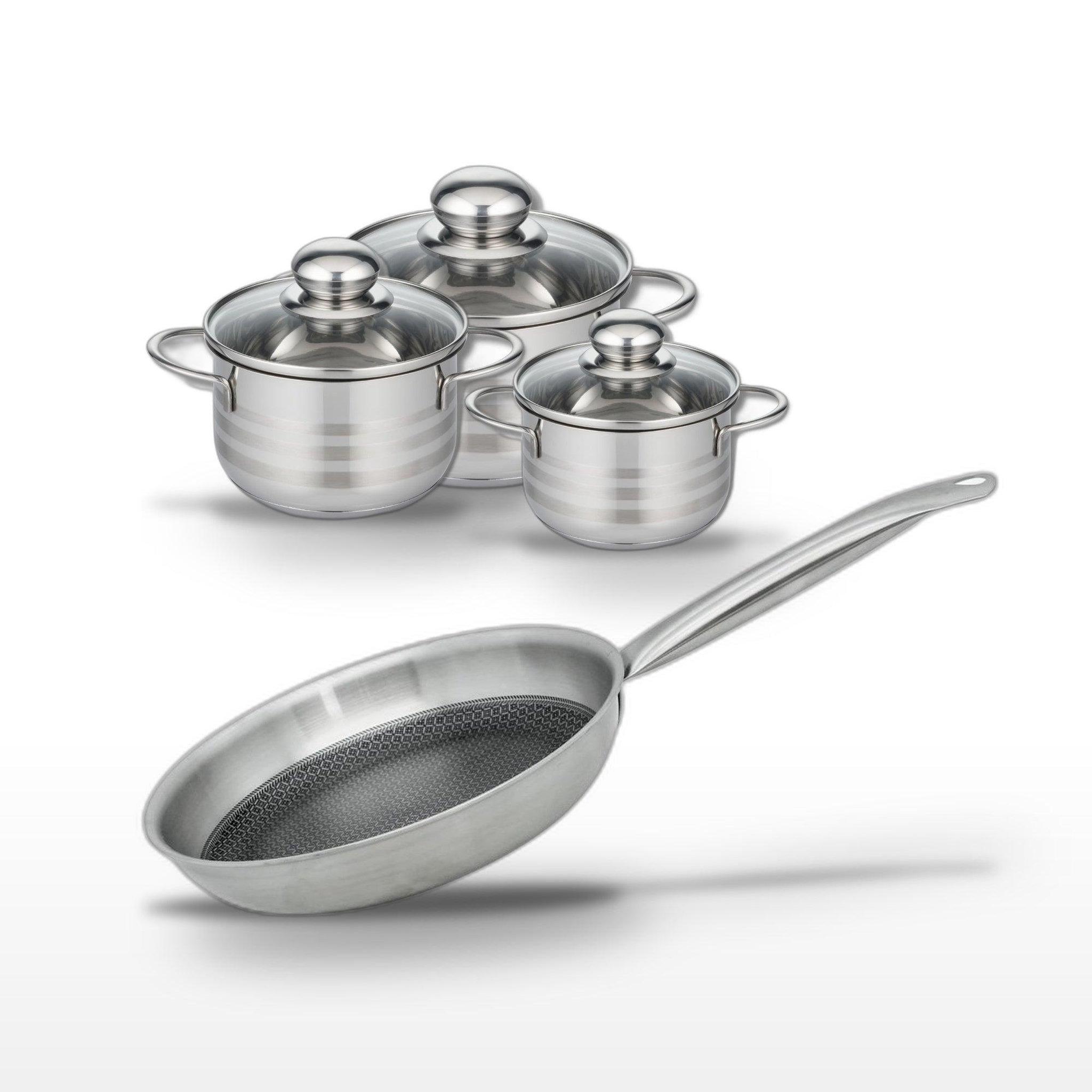 ELO Batterie de cuisine avec 1 poêle 28 cm et 3 faitouts 12/14/16 cm en inox sans pfas elo collection relief solution brillant