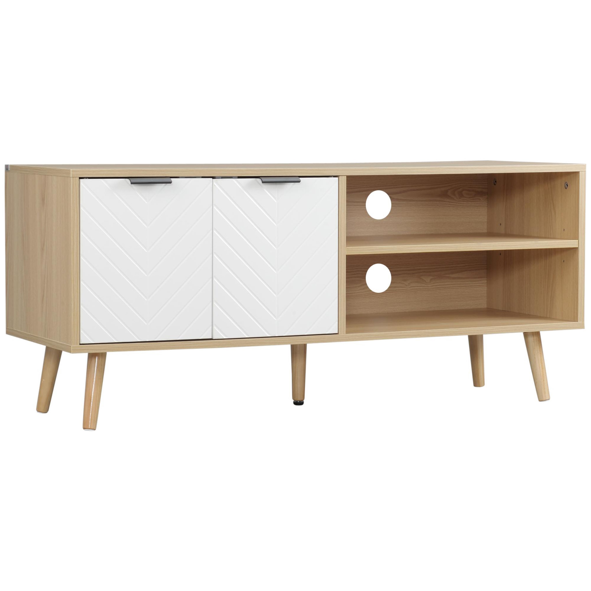Voir la diapositive 1 : HOMCOM Meuble TV bas sur pied style scandinave 2 portes 2 niches piètement effilé incliné bois panneaux blanc aspect bois