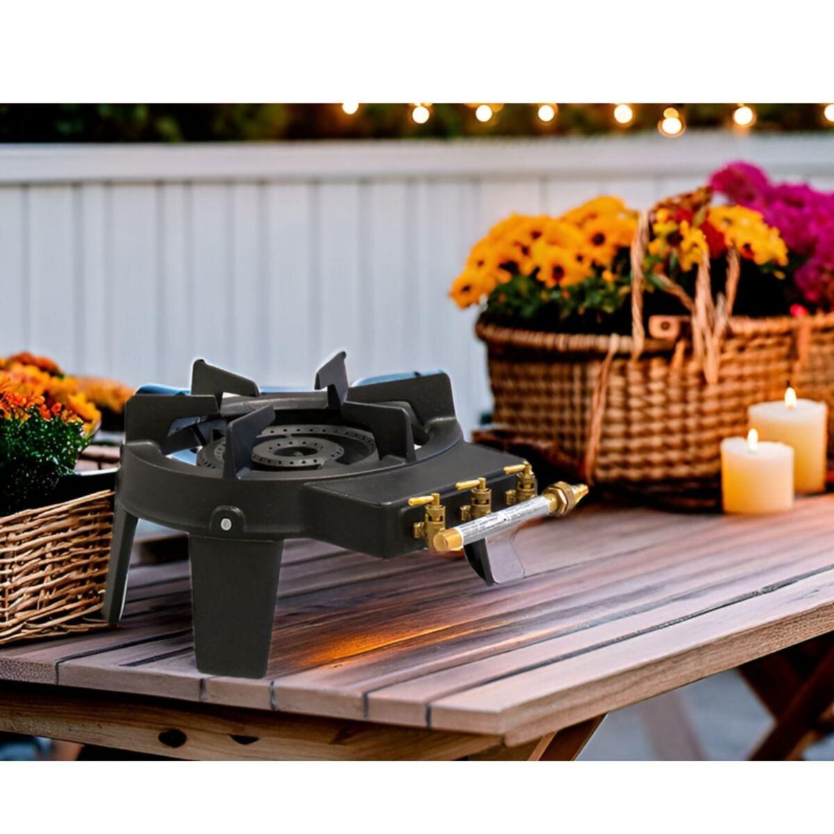 MEVA Rechaud gaz fonte véritable 9.8 KW 4 pieds 3 robinets + Tuyau gaz 1.50m et Détendeur Butane