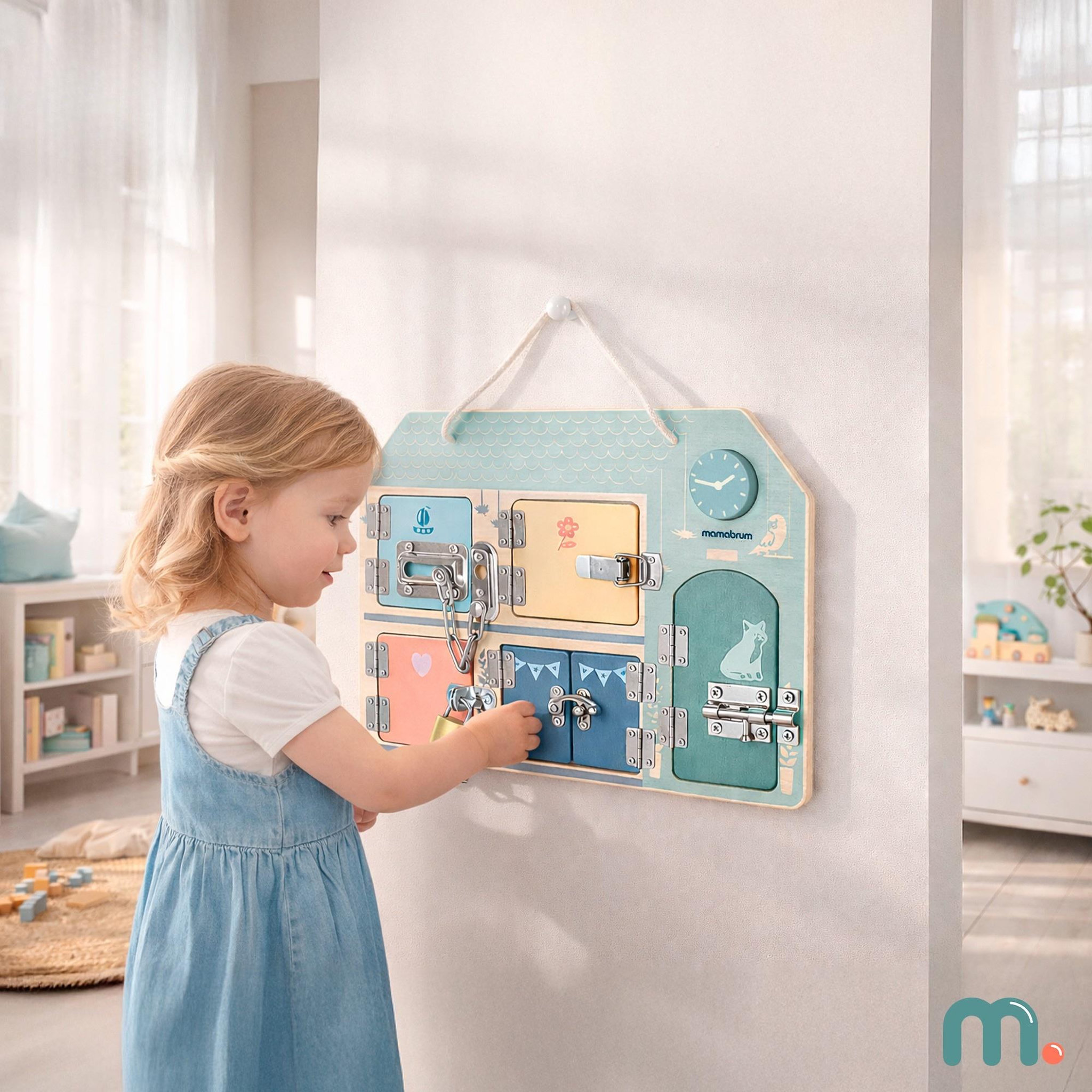 Voir la diapositive 2 : MAMABRUM Tableau Manipulation Bois Mamabrum Planche Verrous Maison 30x22 cm 3 Ans