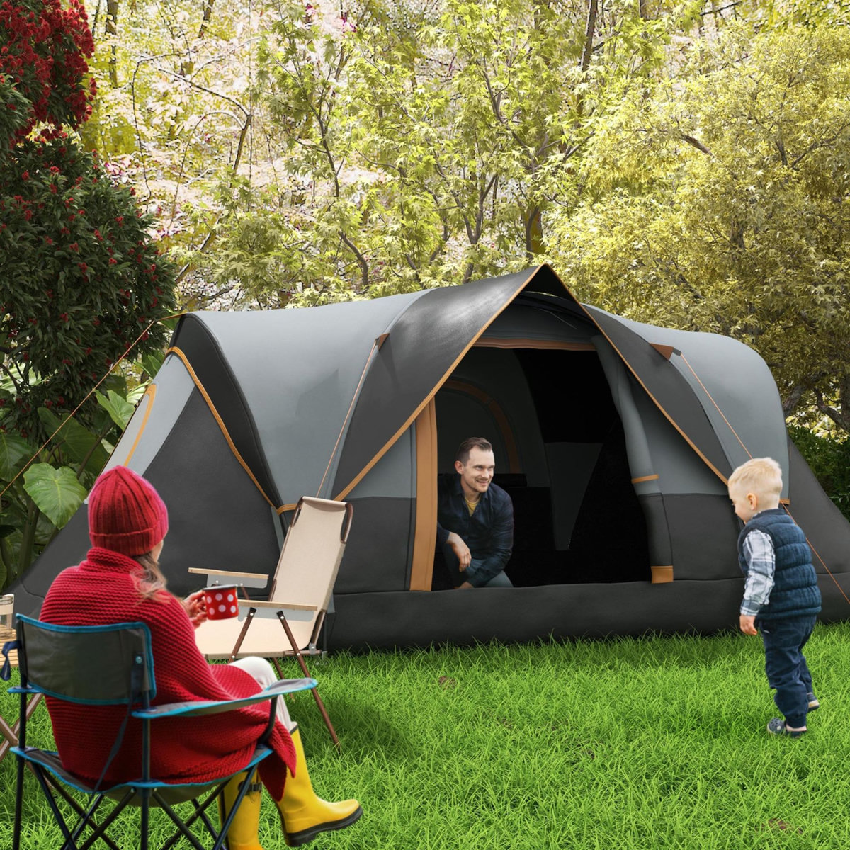 OUTSUNNY Tente de camping familiale 5-6 pers. - grande porte + 3 fenêtres - fibre verre polyester oxford gris orange