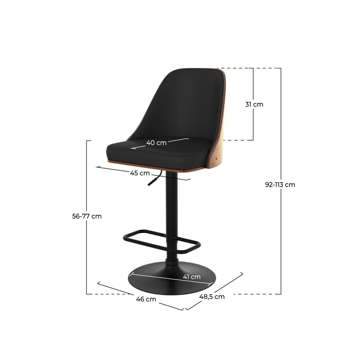 Rendez vous déco Chaise de bar réglable et pivotante en bois foncé et PU noir 56/77 cm - Georges