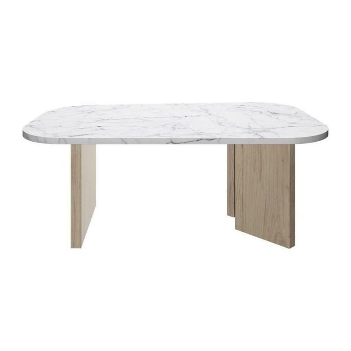 DIAGONE Table basse ovale - QUARTZ - Blanc effet marbre - Pieds épais en chene - 105 x 58 x 39 cm - DIAGONE