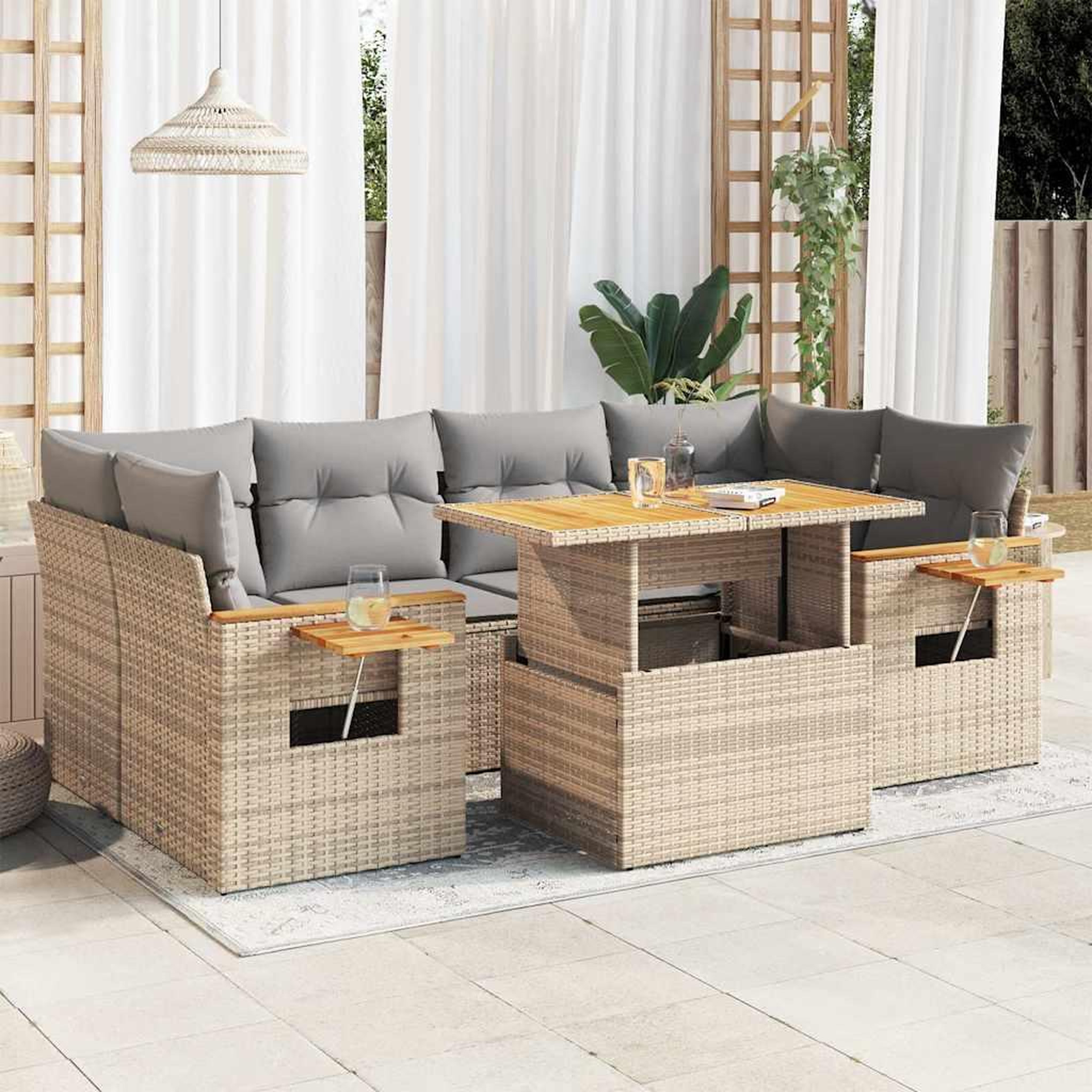VIDAXL Salon de jardin avec coussins 7 pcs beige resine tressee acacia