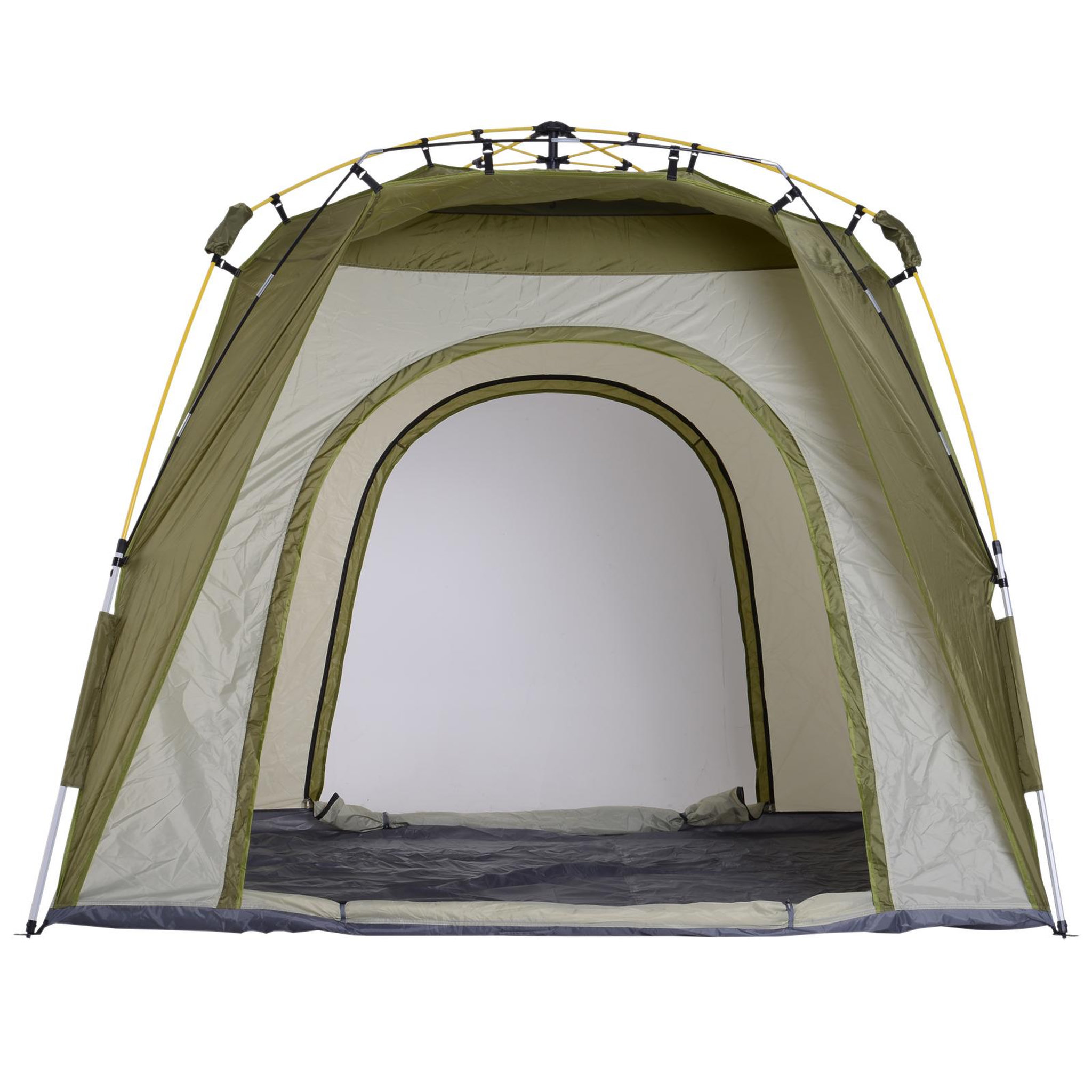 Voir la diapositive 4 : OUTSUNNY Tente de camping familiale 4 personnes montage instantanée pop-up 4 fenêtres pare-soleil dim. 2,4l x 2,4l x 1,95h m fibre verre polyester vert gris
