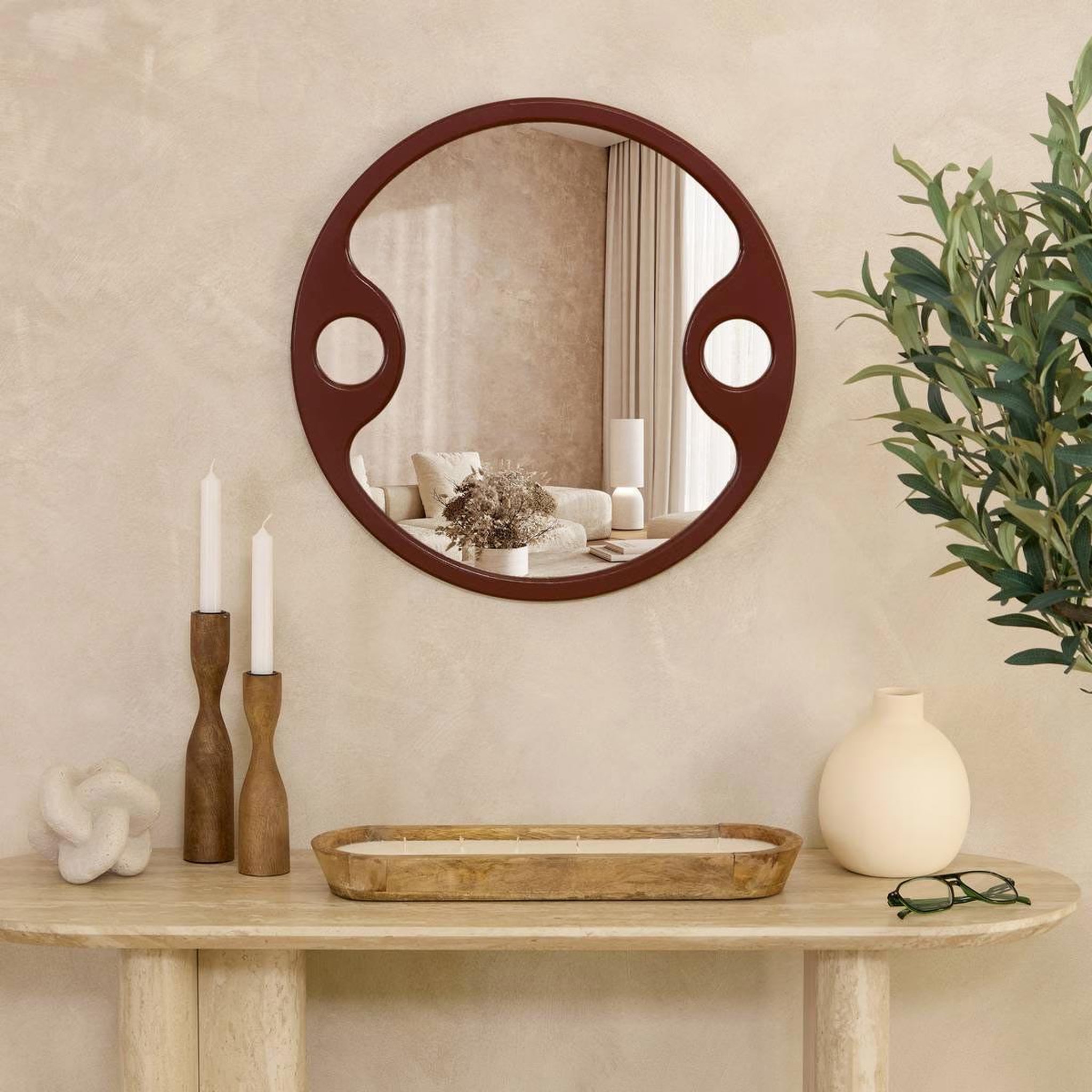 Voir la diapositive 3 : ATMOSPHERA Miroir Mural Rond Design  Austin  50cm Bordeaux