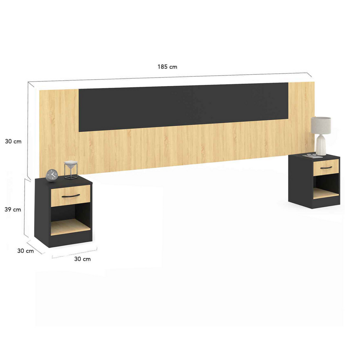 ID MARKET Tête de lit sur pied avec chevets modulables SAPA pour lit 140, 160 ou 180 cm bois et noir