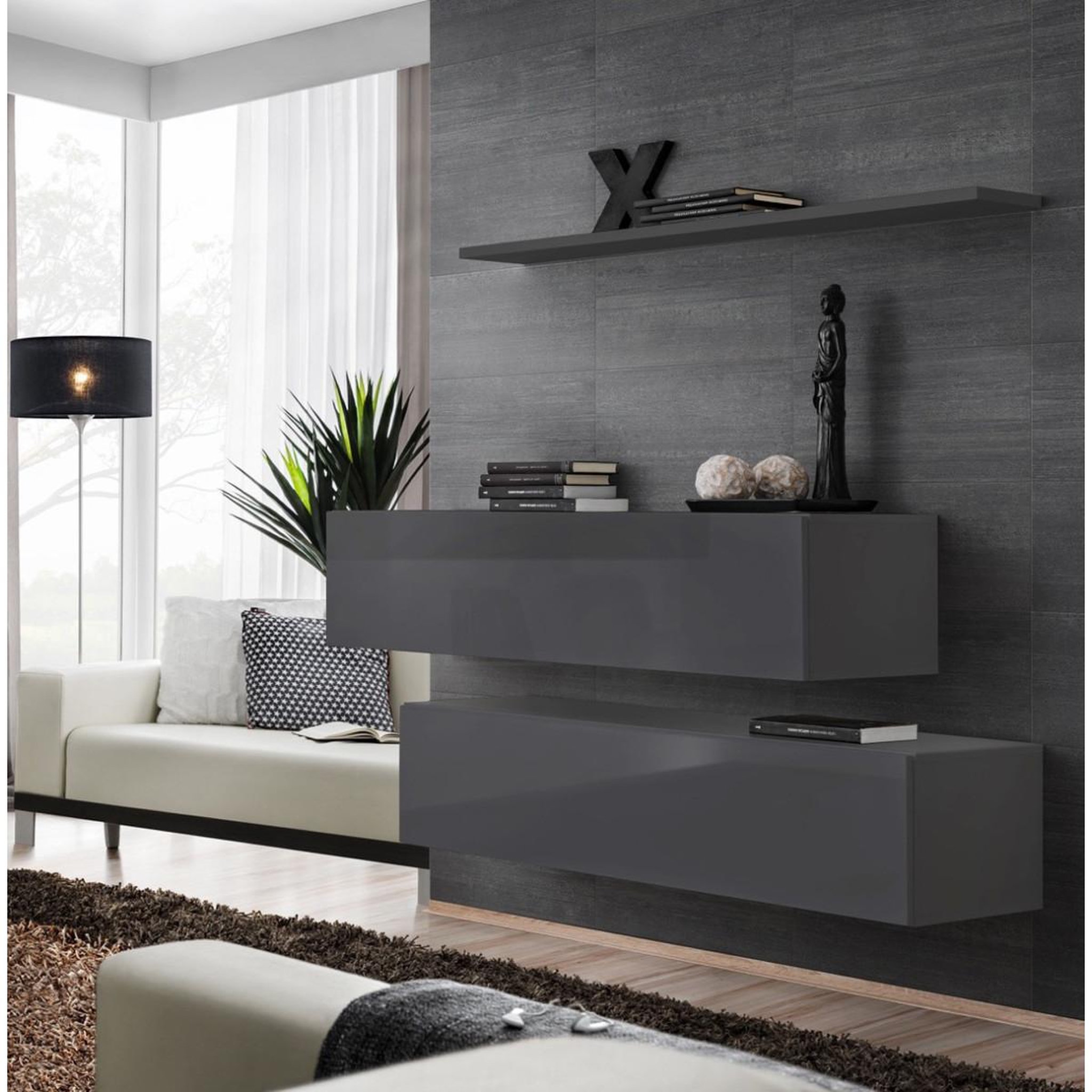 Voir la diapositive 1 : Paris Prix Lot de 2 Bancs Muraux & Étagère  Switch SBII  130cm Gris
