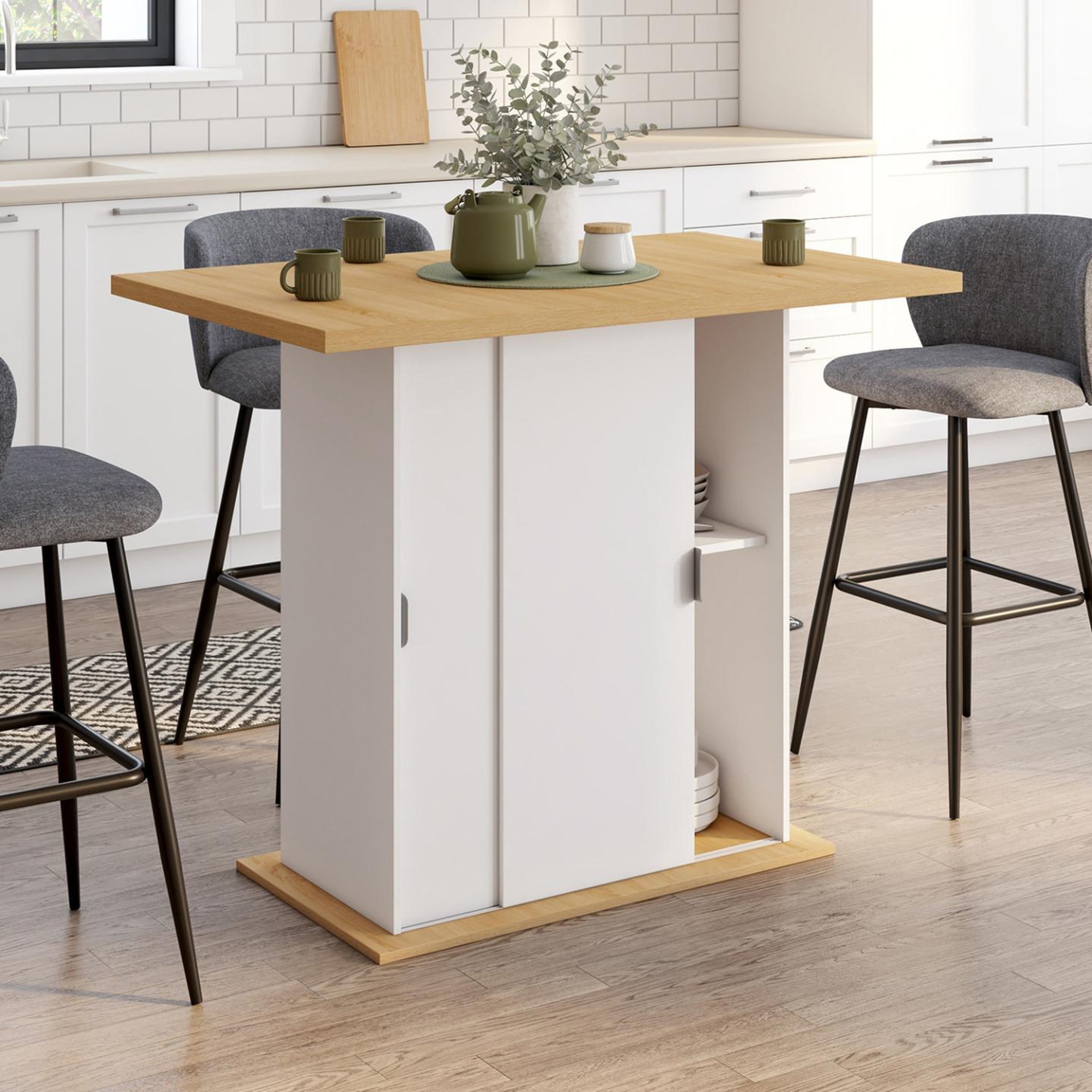 Voir la diapositive 2 : ID MARKET Ilot central 4 personnes paxton 110 cm pied central avec rangement bois blanc avec plan de travail façon hêtre