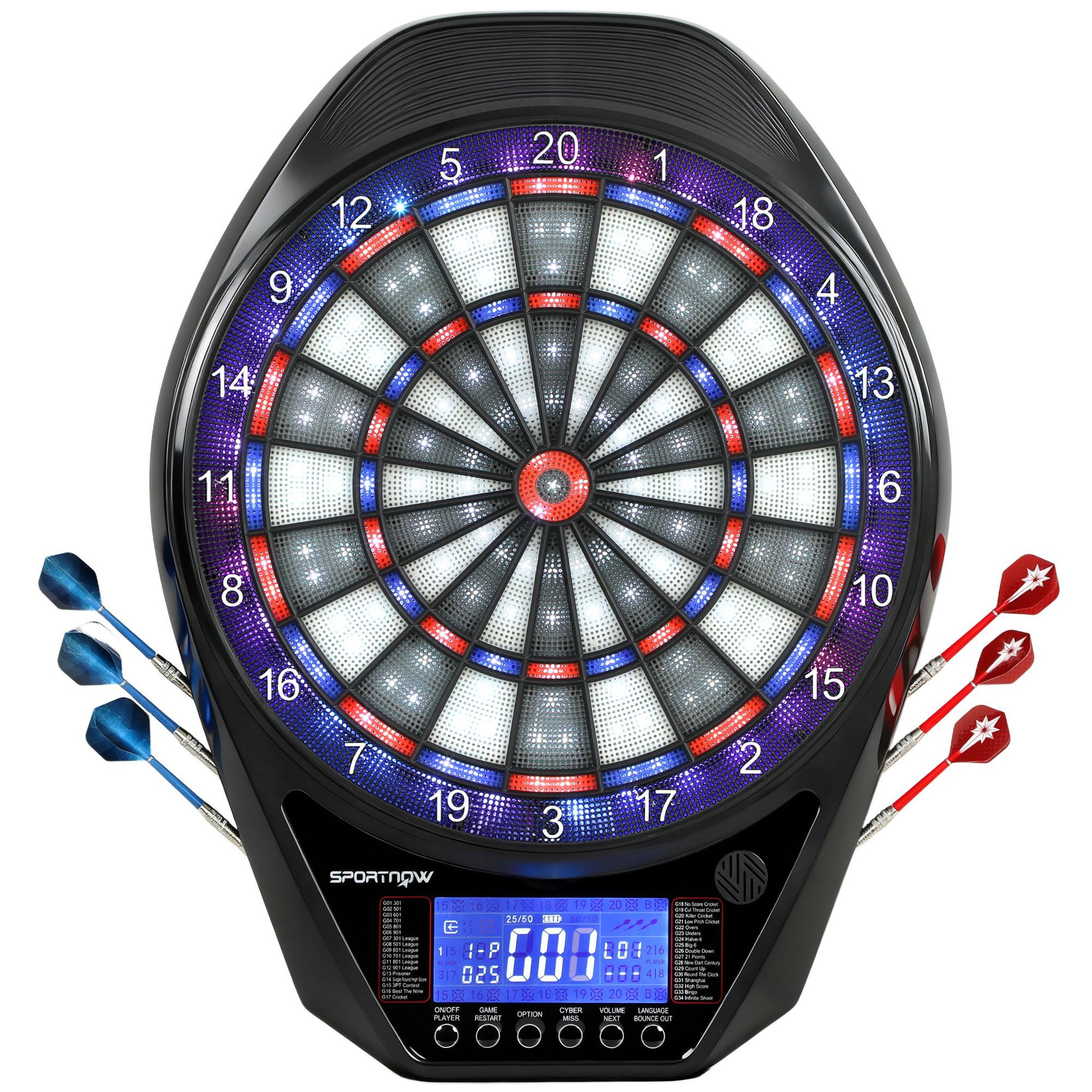 HOMCOM Cible jeu de fléchettes électronique 34 jeux jusqu'à 8 joueurs grand écran LED charge USB-C