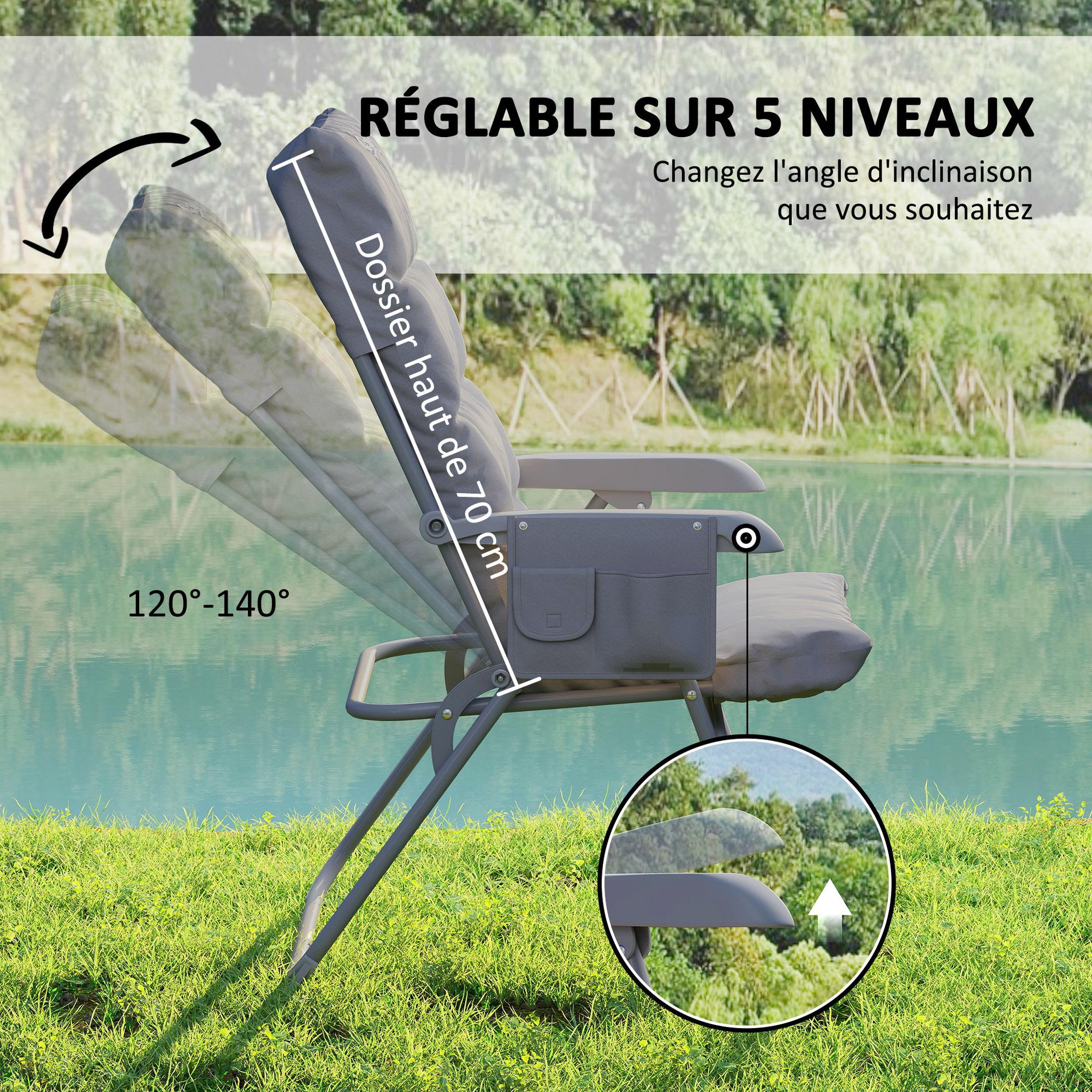 Voir la diapositive 5 : OUTSUNNY Chaise de camping pliante rembourrée inclinable grand confort gris