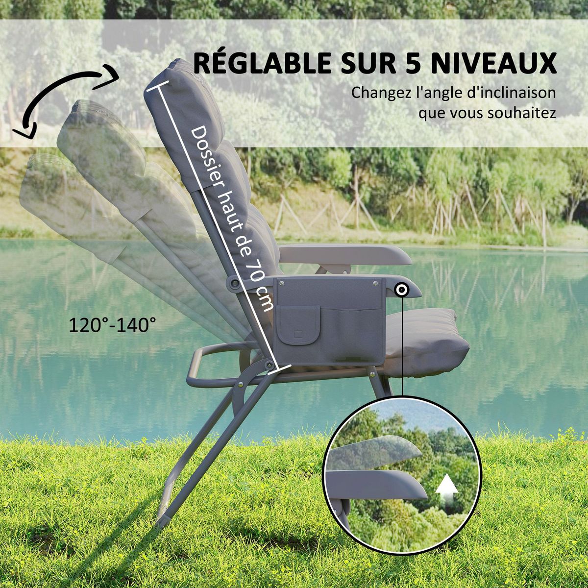 OUTSUNNY Chaise de camping pliante rembourrée inclinable grand confort gris