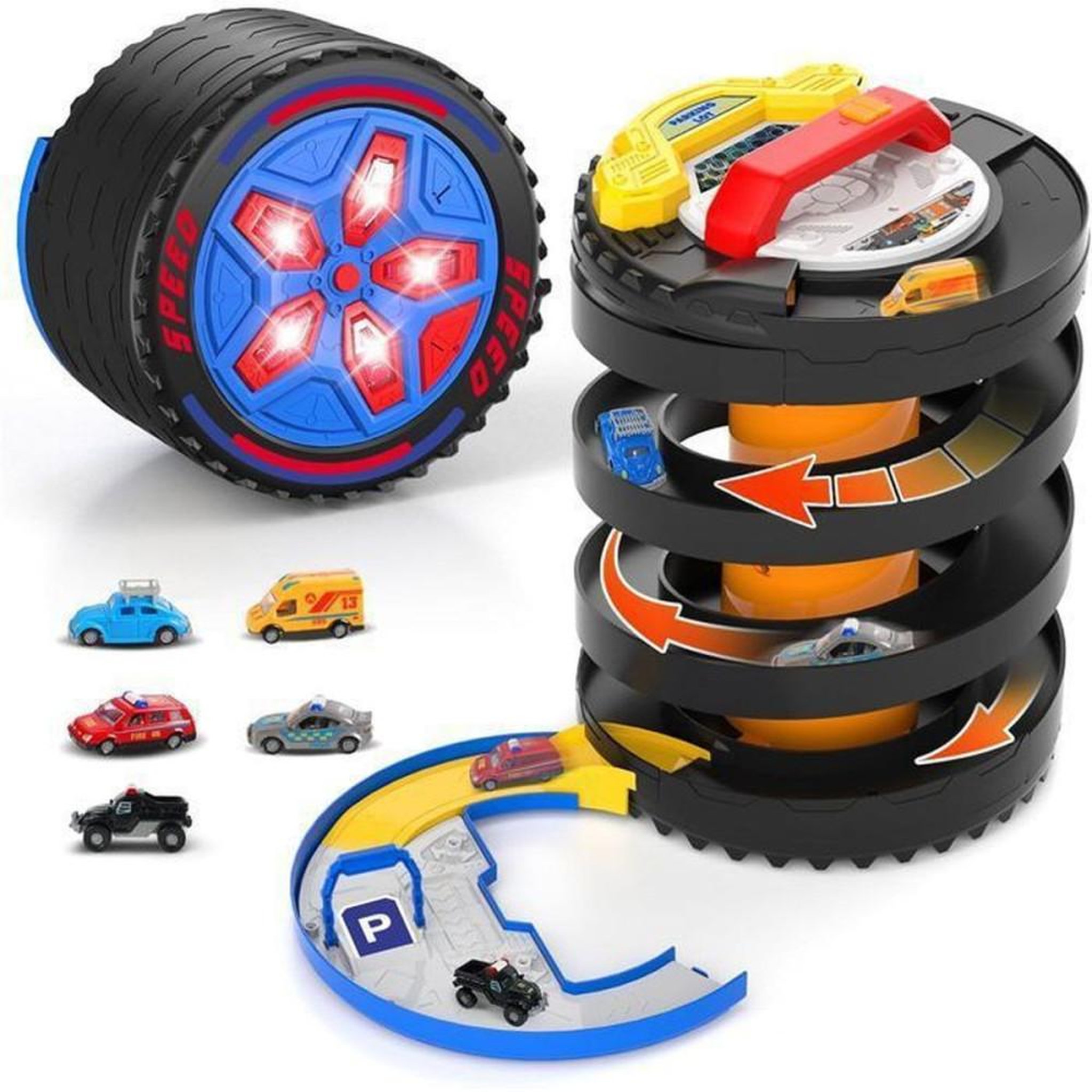 Voir la diapositive 1 : Circuit de course 2-en-1 pliable avec 5 mini voitures, boucle spirale/pancake, lumières et sons pour enfants dès 3 ans
