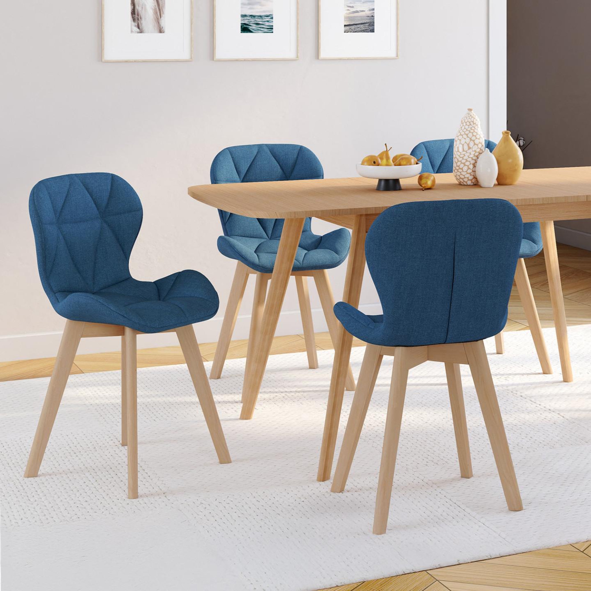 Voir la diapositive 2 : ID MARKET Lot de 4 chaises robine en tissu bleu canard pour salle à manger