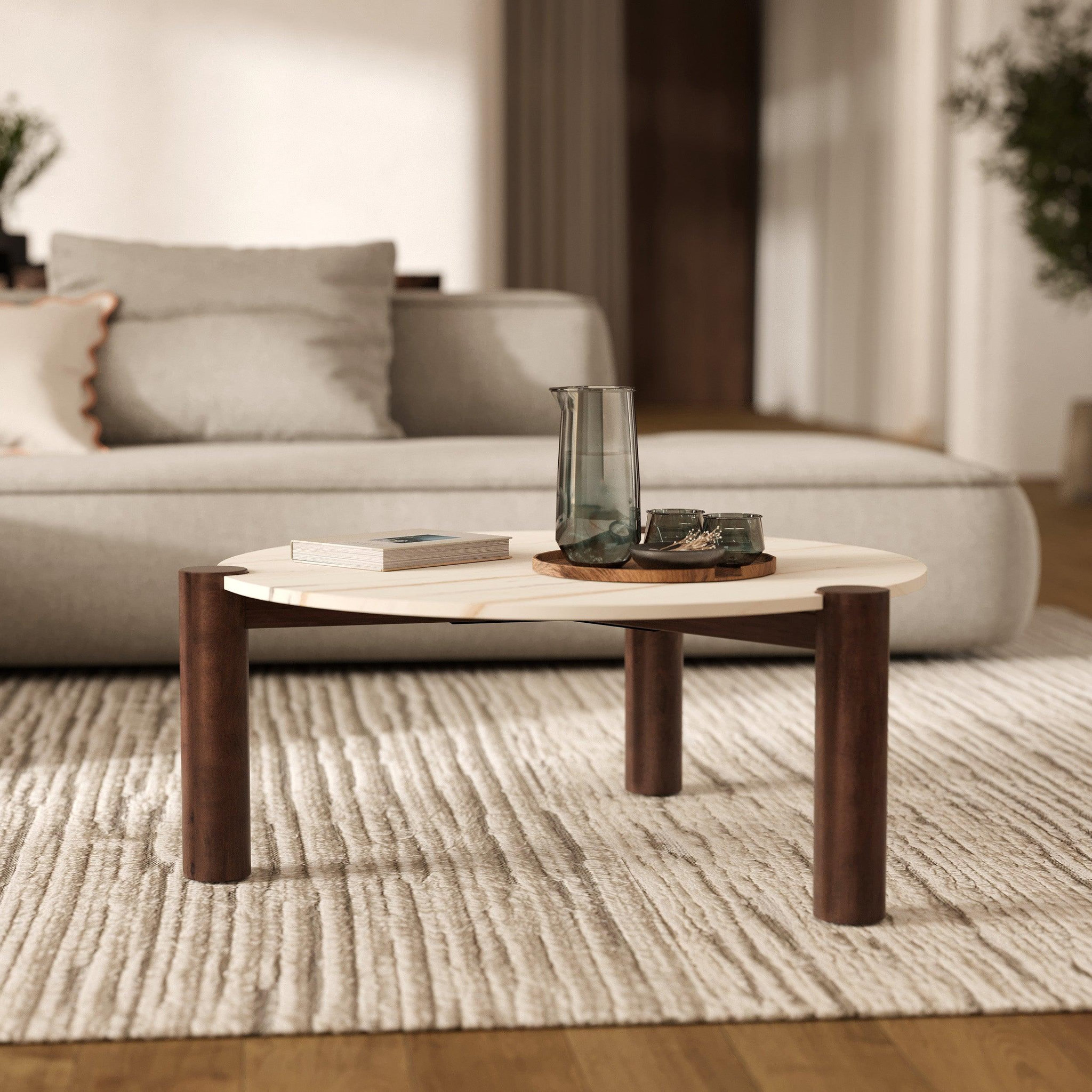 Voir la diapositive 2 : MAISON PAVANE Table basse ronde en marbre et bois de manguier d86 cm-pauline