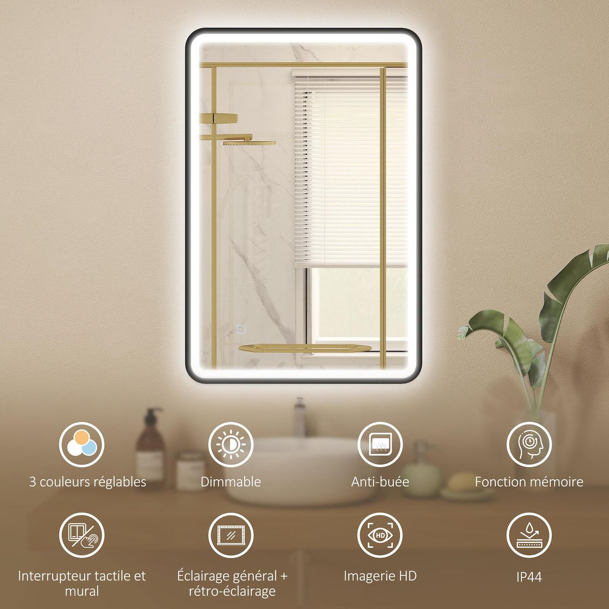 HOMCOM Miroir mural LED tactile réglable 44W fonction antibuée dim. 60 x 90 cm aluminium noir