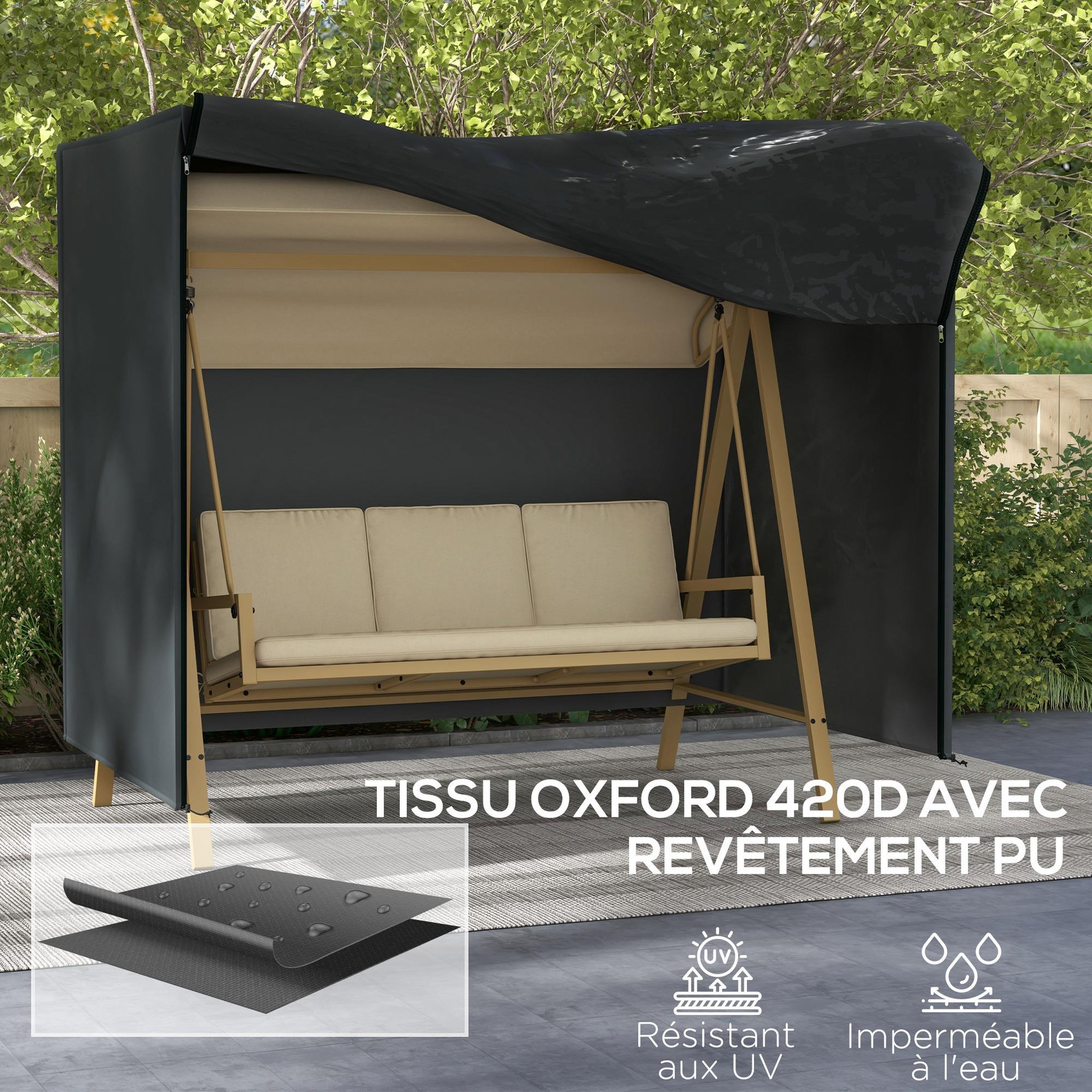 Voir la diapositive 5 : OUTSUNNY Housse de protection balancelle de jardin 3 places - imperméable, anti-uv, zip - dim. 2,20l x 1,25l x 1,72h m - noir