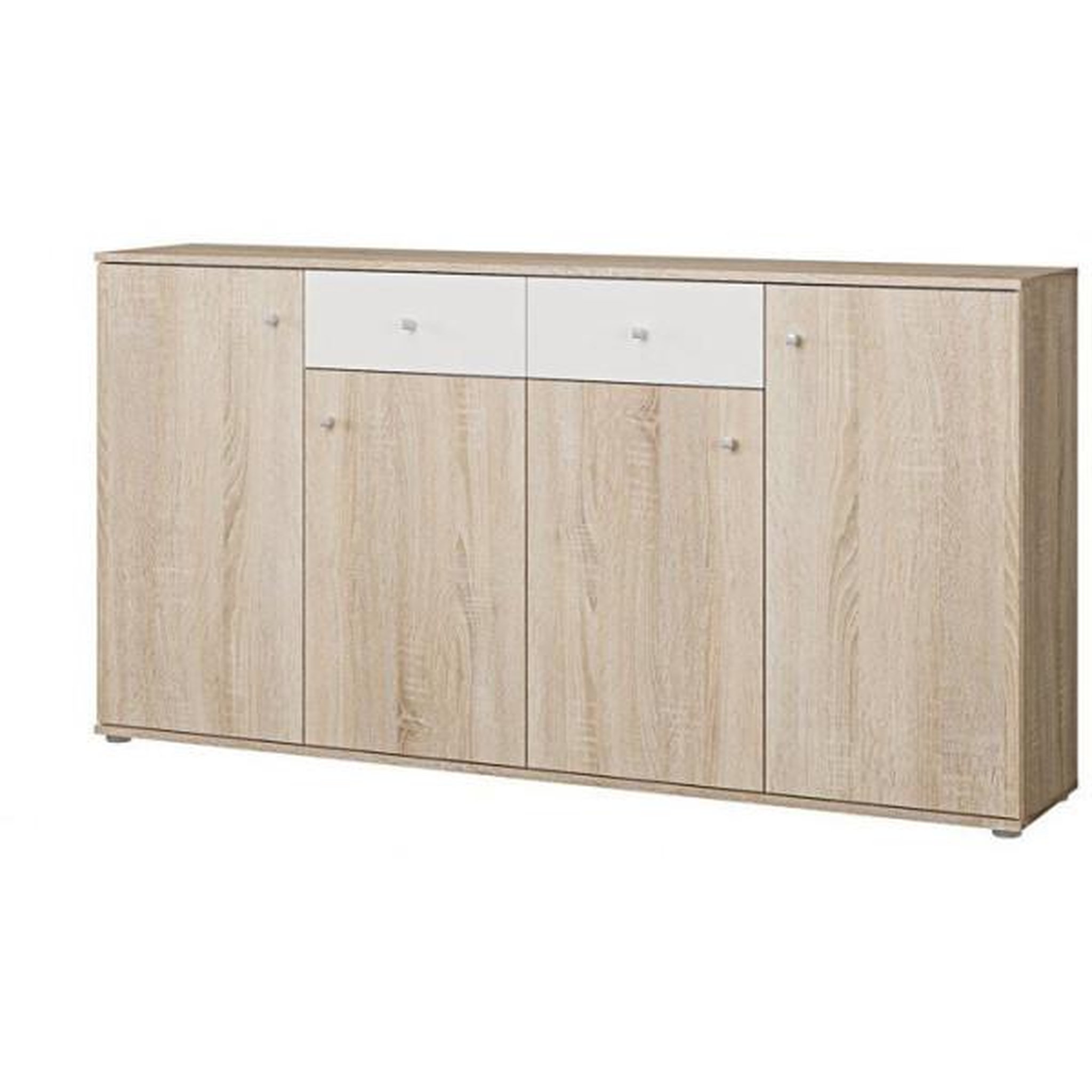 Voir la diapositive 6 : MARKET24 Buffet bas - Décor Chene et blanc mat - 4 portes + 2 tablettes + 2 tiroirs - L 159,2 x P 31,1 x H 81,7 cm