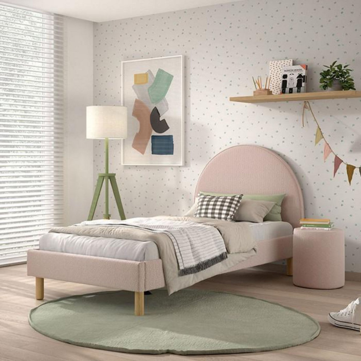 Paris Prix Pack - Lit Enfant & Pouf Bouclé  Moon  90x200cm Rose