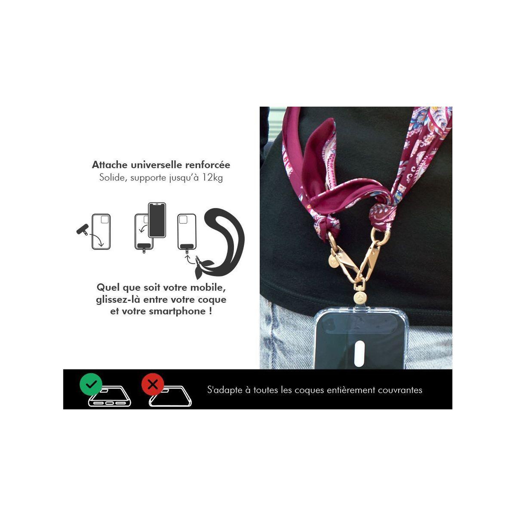 Voir la diapositive 3 : FORCE CASE Cordon téléphone bandoulière bandana bordeaux