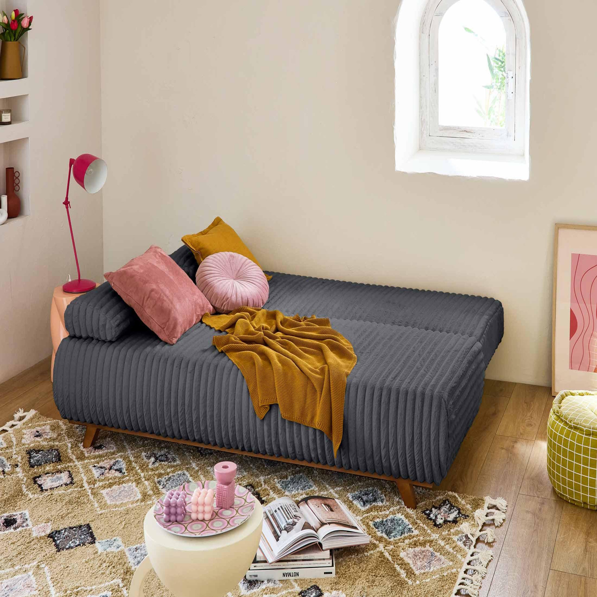 Voir la diapositive 3 : BEST MOBILIER Cristal - canapé 3 places - convertible avec coffre et grand pouf - en fausse fourrure côtelée