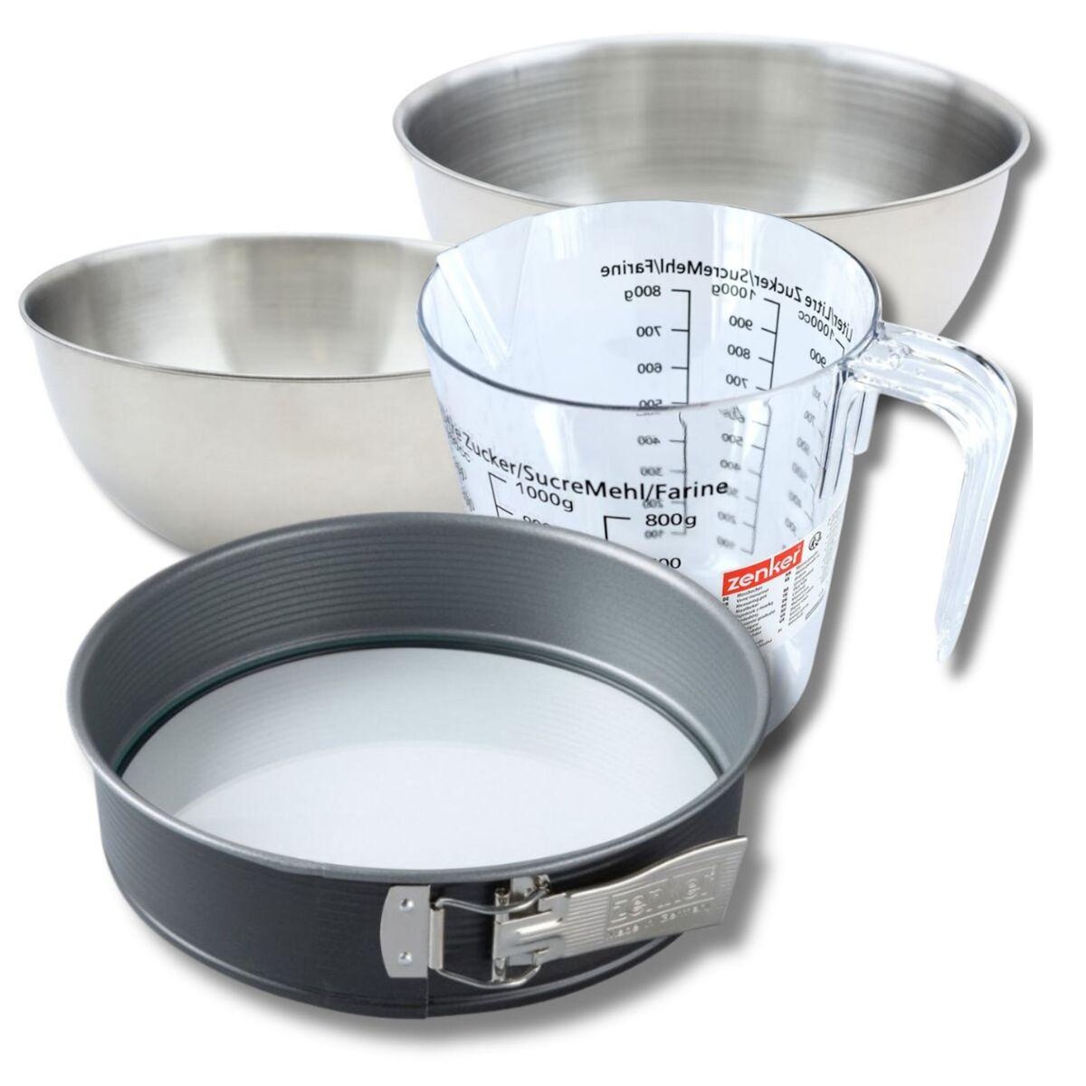 ZENKER Set pâtisserie avec moule à manqué de 26 cm acier, 2 bols à mixer, verre mesureur et spatule Zenker