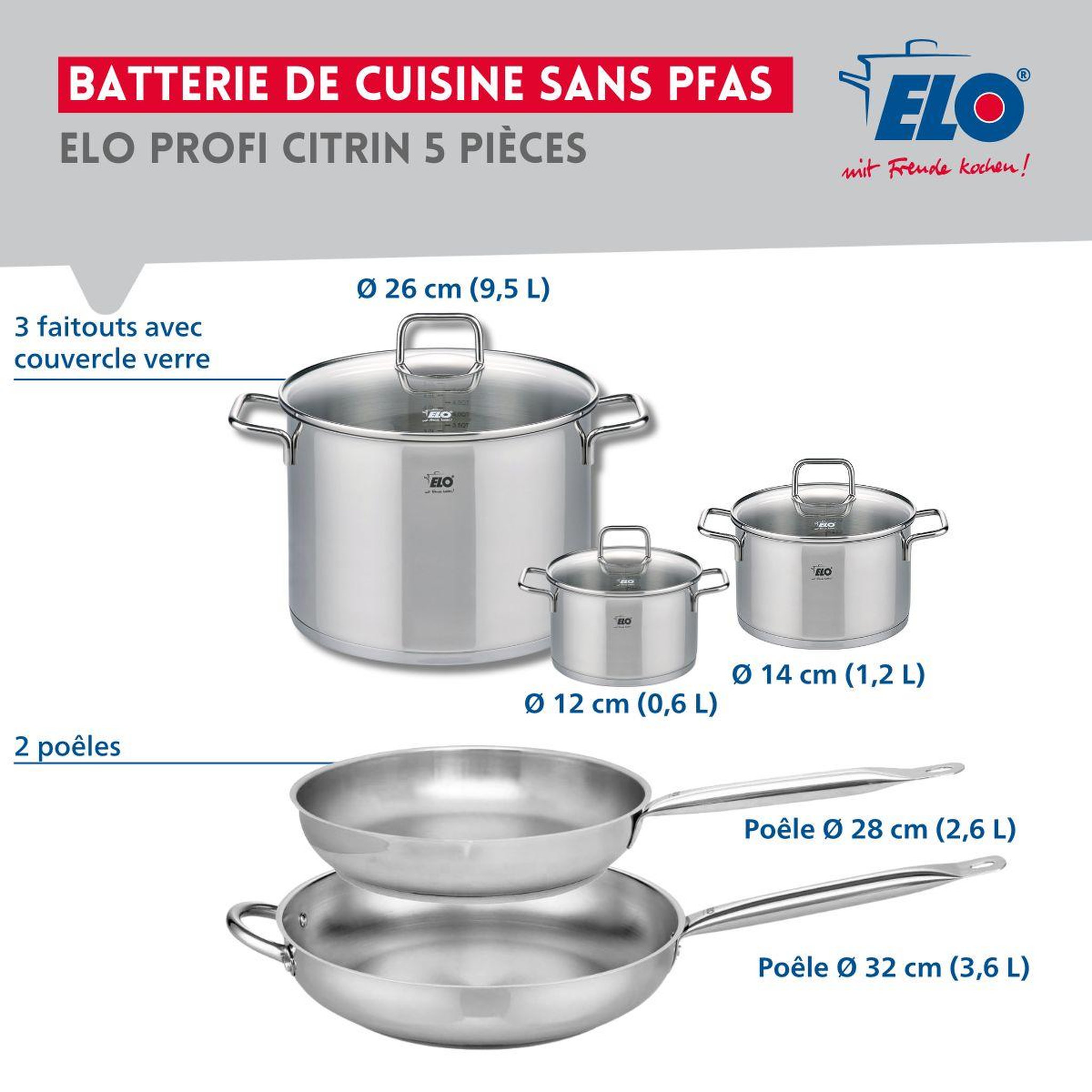 Voir la diapositive 2 : ELO Ensemble de 2 poêles de cuisson 28 et 32 cm et 3 faitouts 12, 14 et 26 cm elo profi citrin