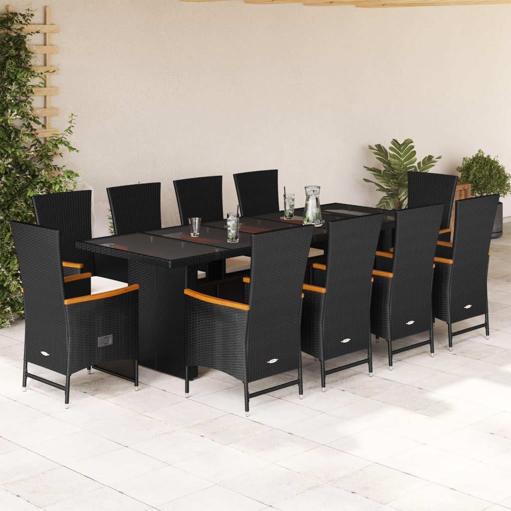 VIDAXL Ensemble a manger de jardin 11 pcs coussins noir resine tressee