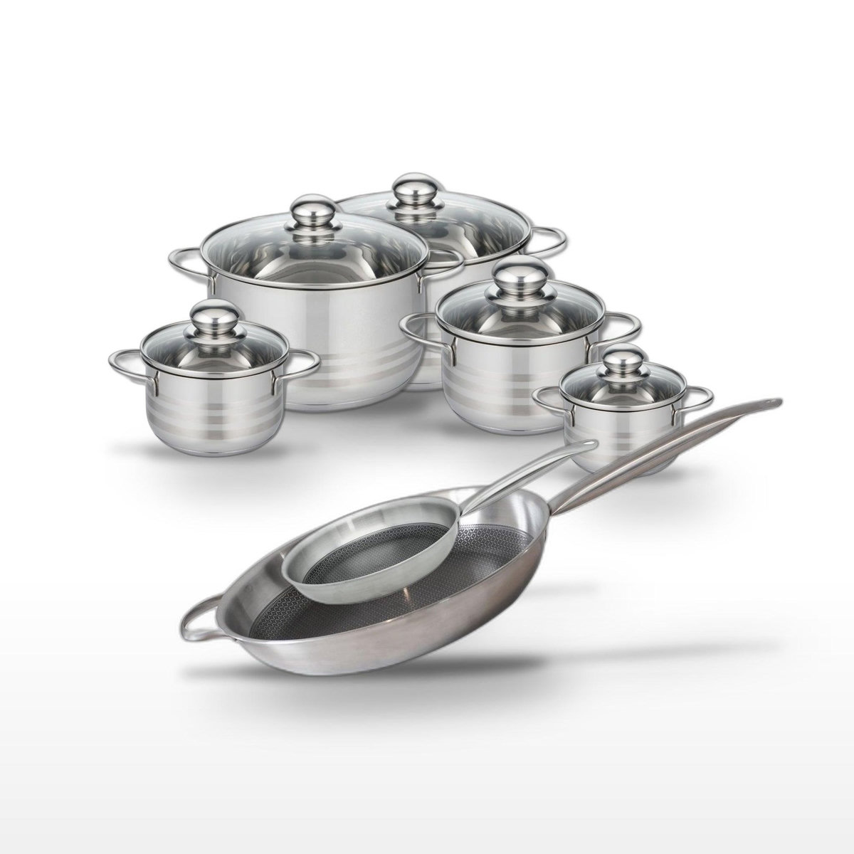 ELO Lot 2 Poêles 24/32cm & 5 Faitouts 12/14/16/20/24cm Elo Relief Solution