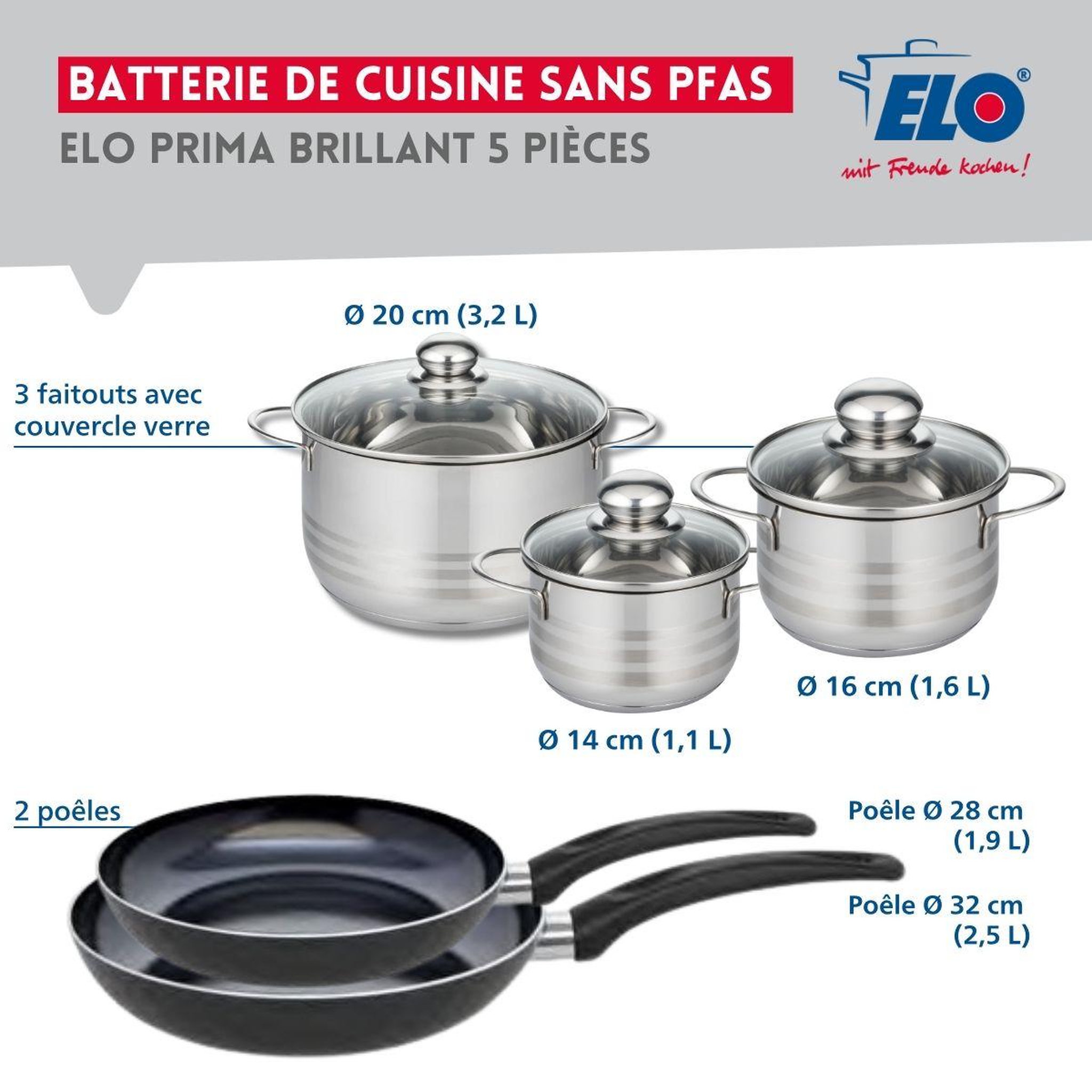 Voir la diapositive 2 : ELO Ensemble de 2 poêles de cuisson 28 et 32 cm et 3 faitouts 14, 16 et 20 cm elo prima brillant