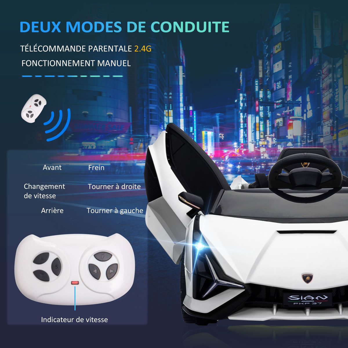HOMCOM Voiture électrique enfant véhicule électrique enfant de sport supercar 12 V - V. Max. 8 Km/h télécommande incluse ouverture portes MP3 USB effets sonores lumineux blanc