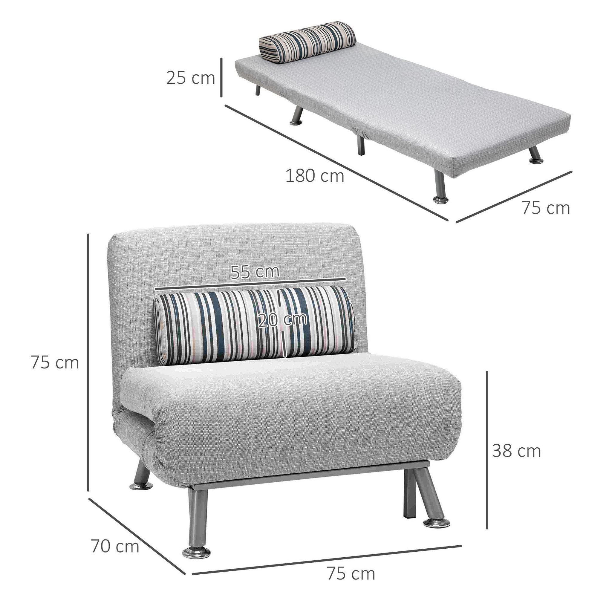 Voir la diapositive 3 : HOMCOM Fauteuil convertible 3 en 1 chauffeuse lit 1 place avec coussin gris