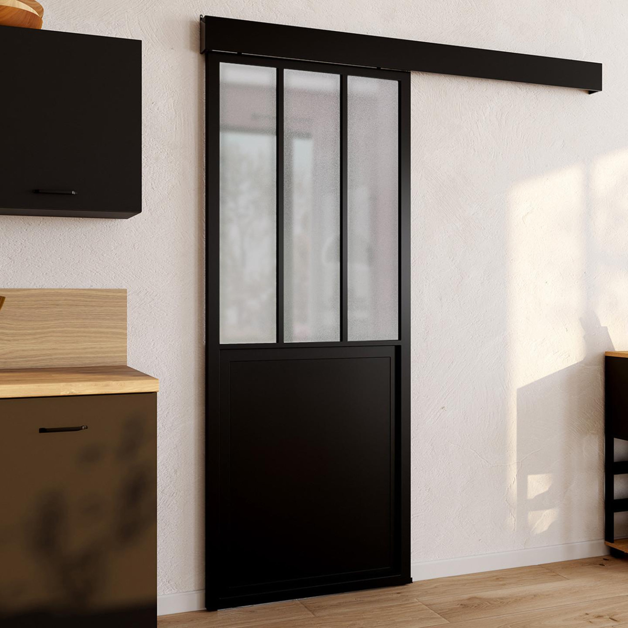 Voir la diapositive 2 : ID MARKET Kit porte coulissante verrière verre trempé givré 83 cm en métal + mdf avec rail et fixations