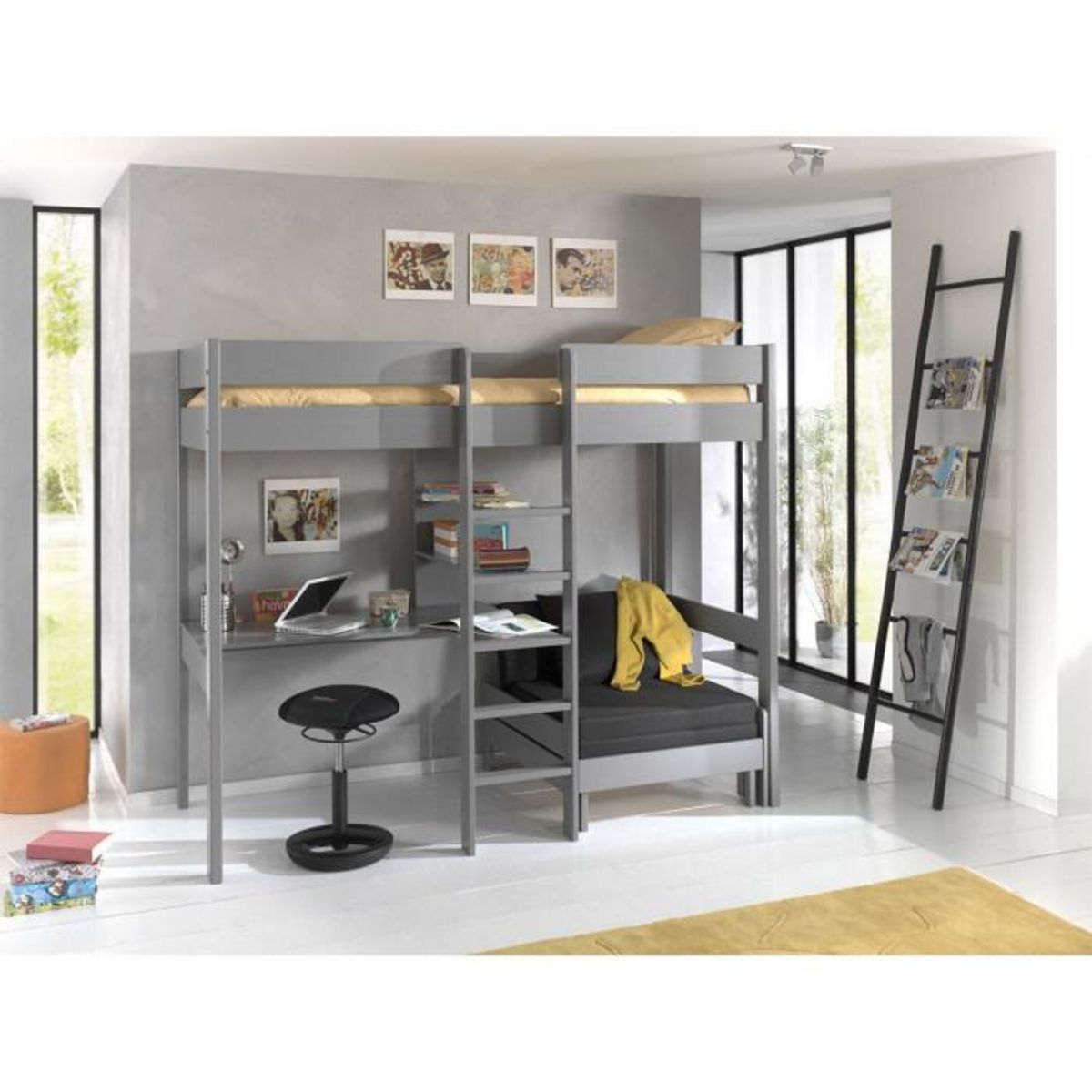 Paris Prix Lit Mezzanine Avec Fauteuil  Pino  90x200cm Gris