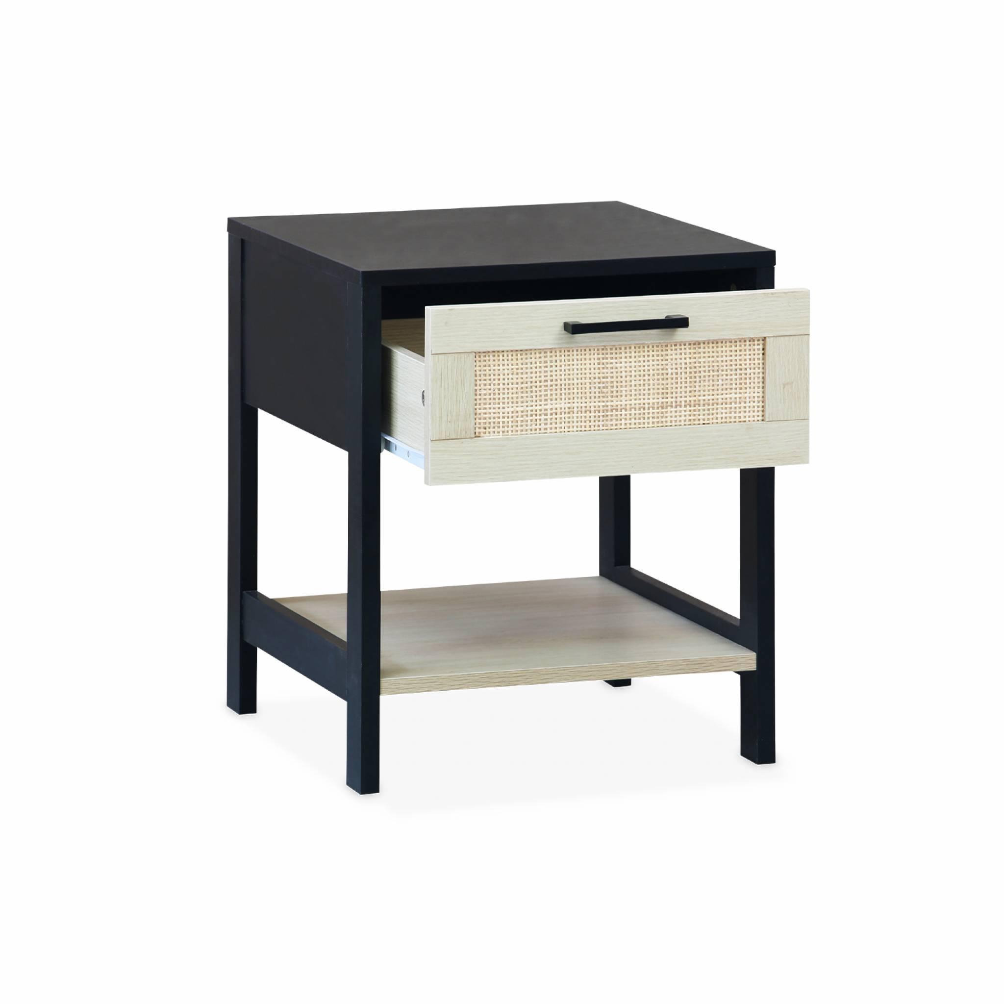 Voir la diapositive 3 : SWEEEK Table de chevet noir et cannage 40 x 40 x 48cm - Bianca - 1 tiroir. 1 étagère