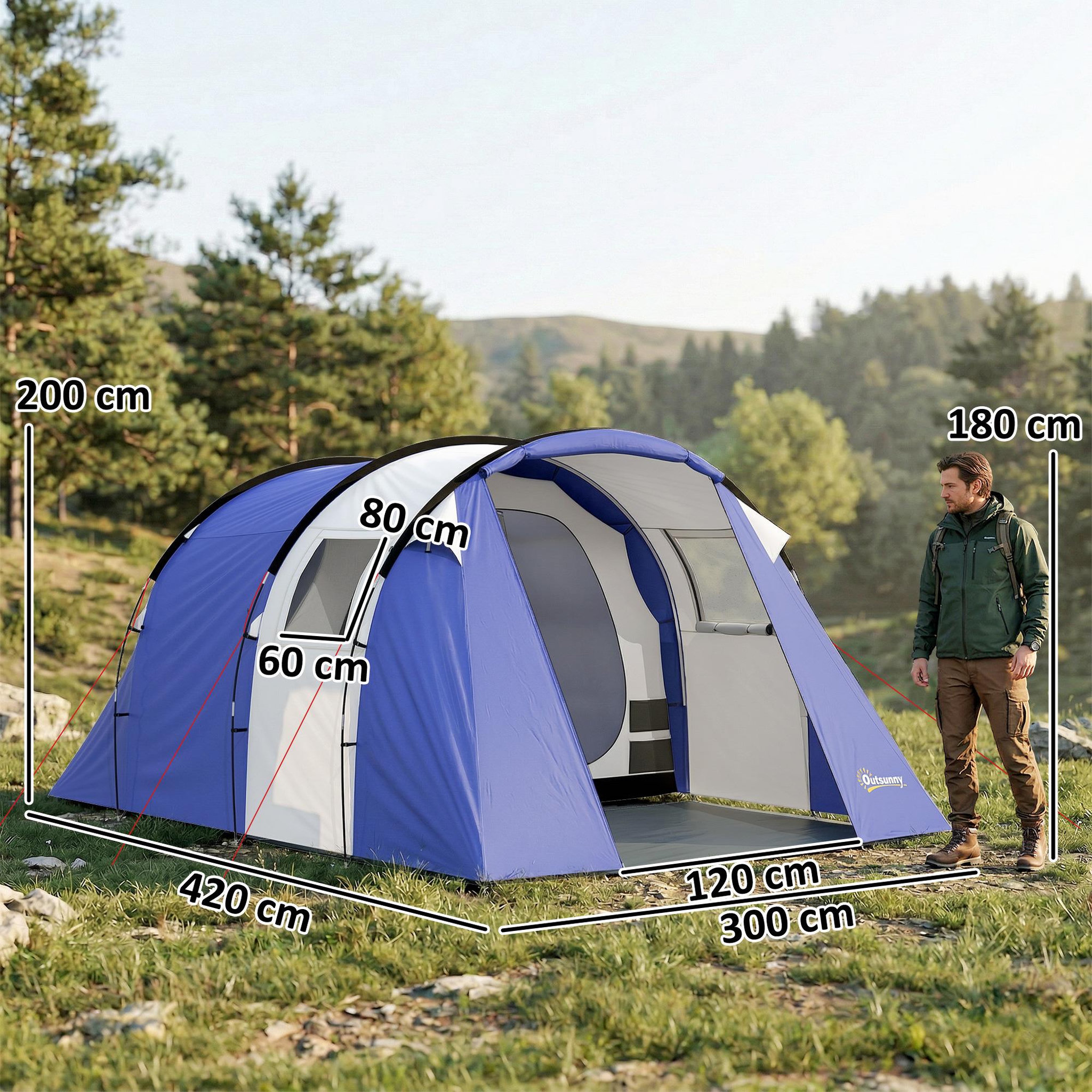 Voir la diapositive 3 : OUTSUNNY Tente de camping 4 pers. Chambre + séjour imperméable 3000mm - 4,20x3x2m - bleu