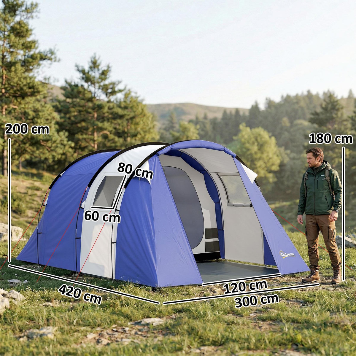 OUTSUNNY Tente de camping 4 pers. chambre + séjour imperméable 3000mm - 4,20x3x2m - bleu