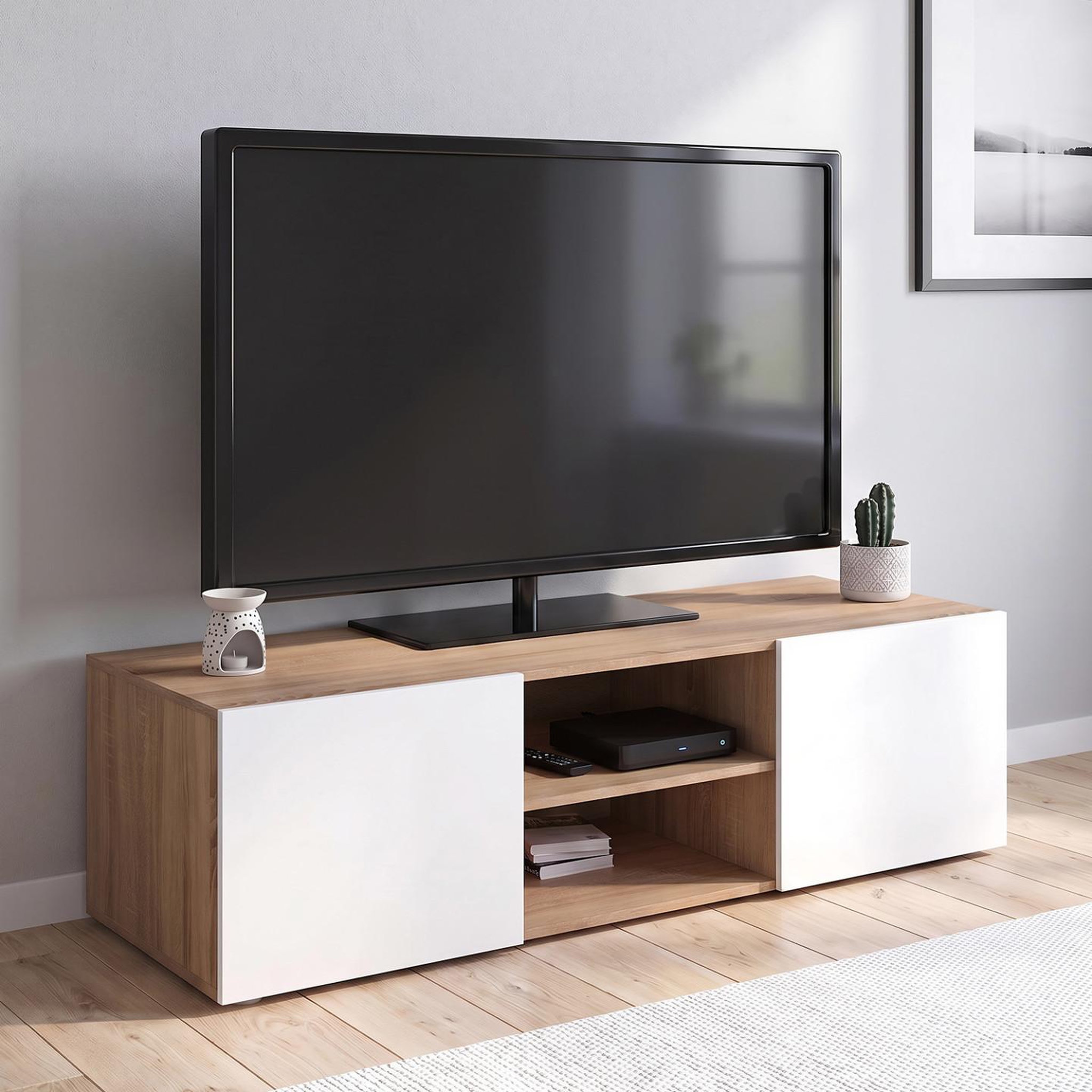Voir la diapositive 2 : ID MARKET Meuble tv 113 cm eli bois façon hêtre portes blanches