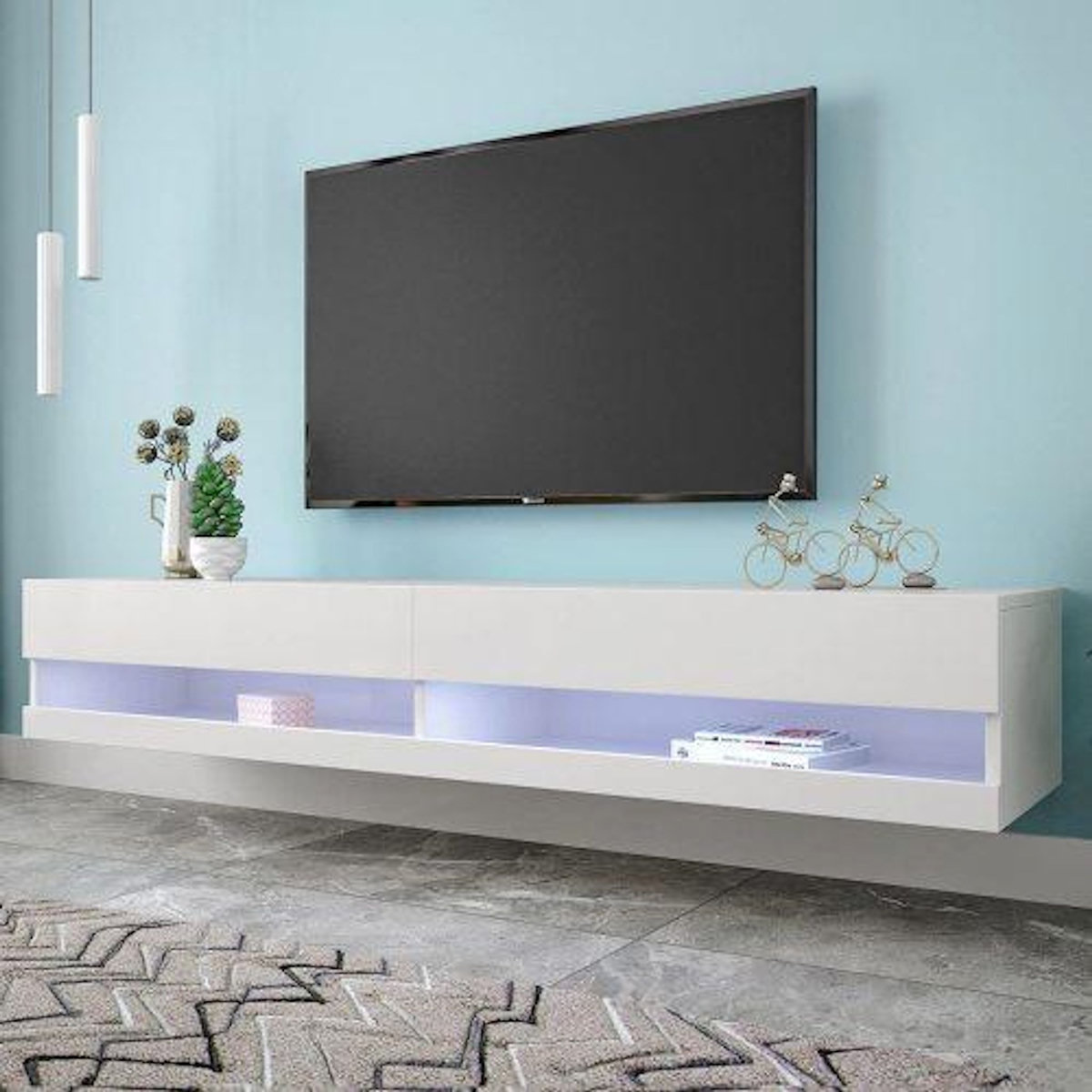 MERAX Meuble tv suspendu blanc 140 cm led mdf