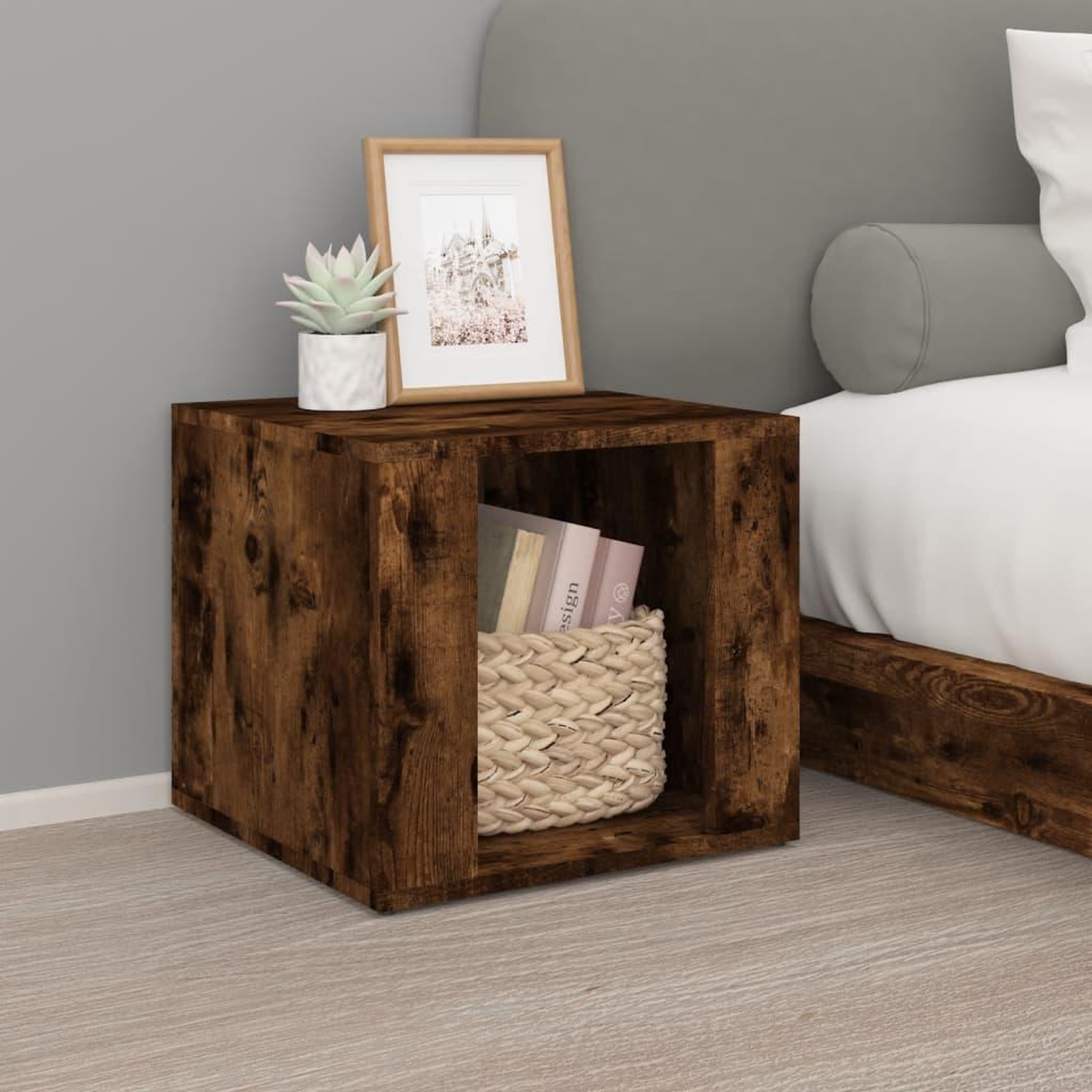 Voir la diapositive 1 : VIDAXL Table de chevet Chene fume 41x40x36 cm Bois d'ingenierie