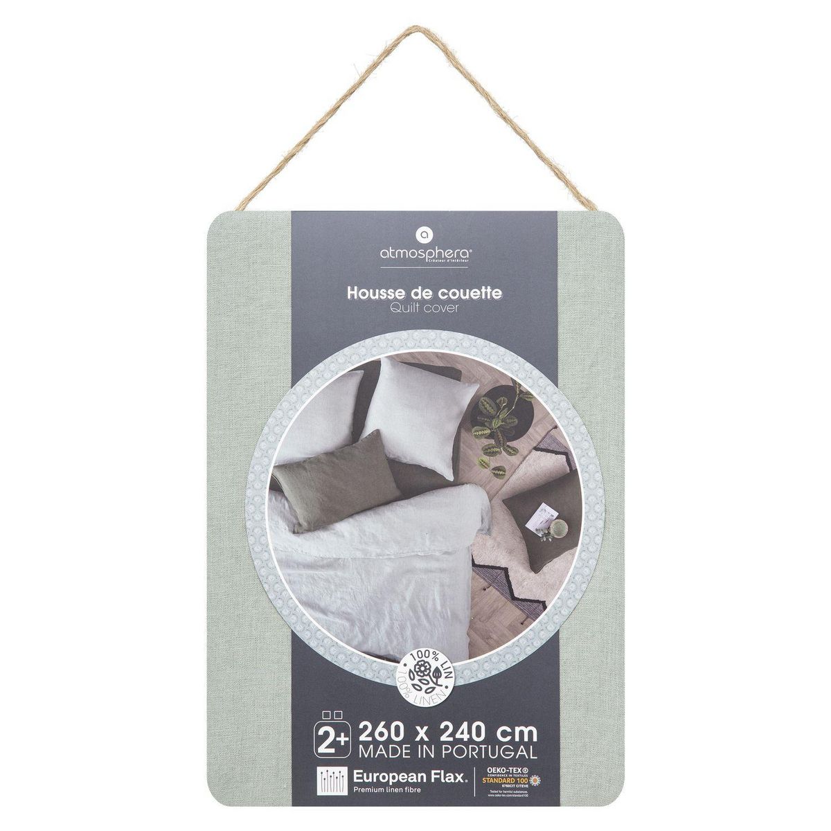 ATMOSPHERA Housse de couette 2 places 100% lin - 260x240cm - Vert Céladon