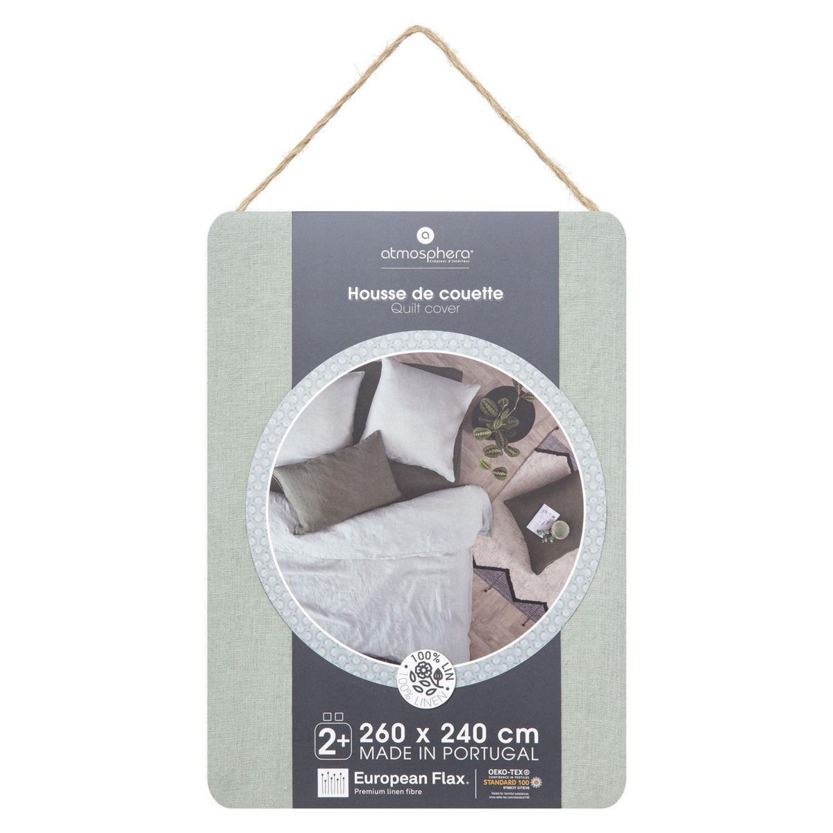 ATMOSPHERA Housse de couette 2 places 100% lin - 260x240cm - Vert Céladon