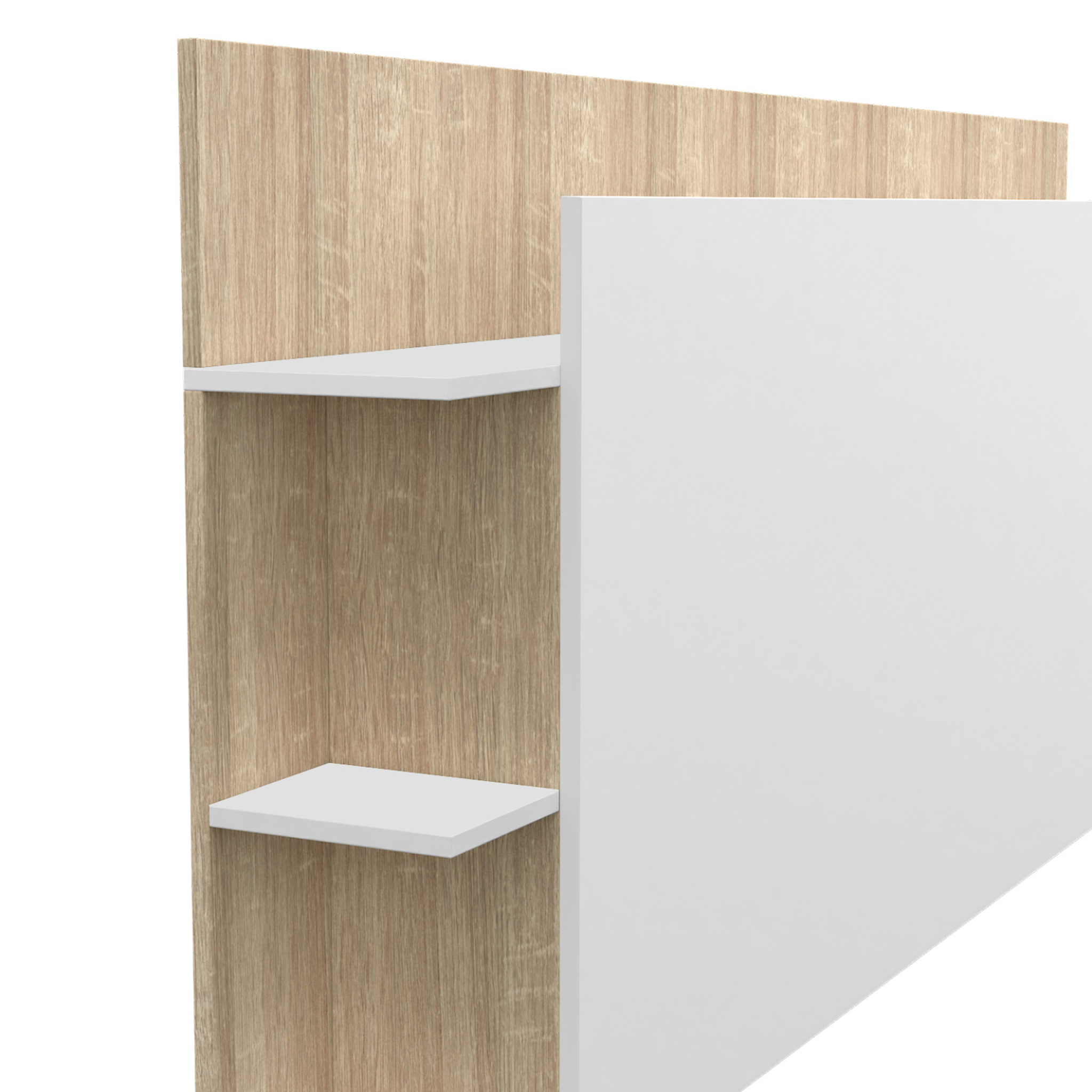Voir la diapositive 5 : ID MARKET Tête de lit sur pied ciri pour lit 140 et 160 cm avec rangements blanc et bois