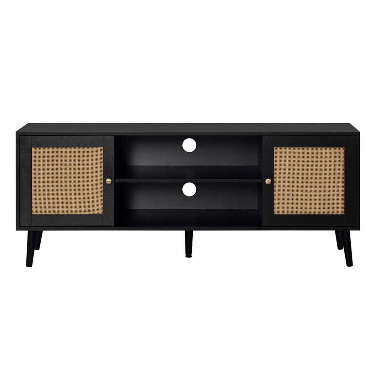 BEST MOBILIER Goto - meuble tv - noir et cannage - 2 portes et 2 niches - 140 cm