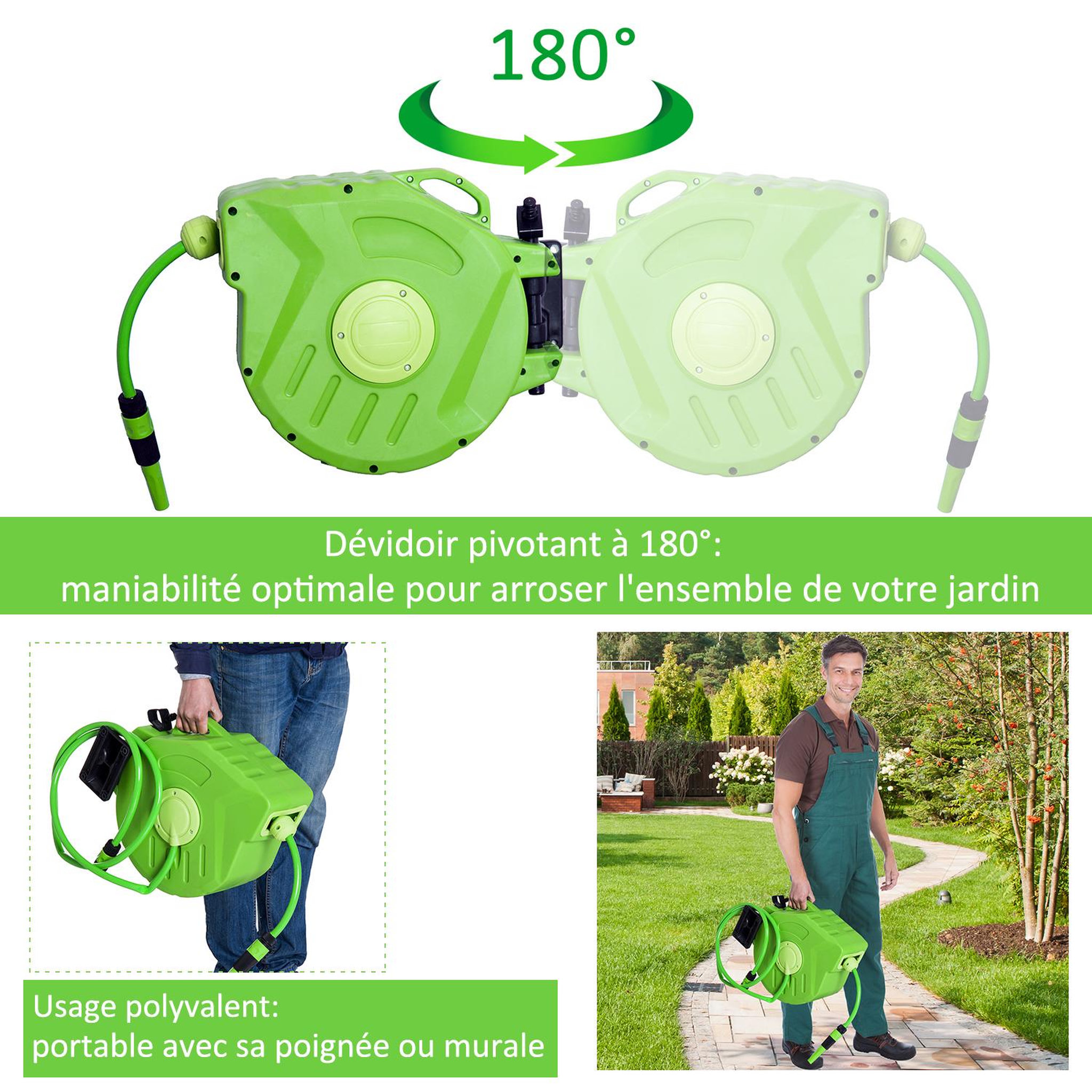 Voir la diapositive 5 : OUTSUNNY Dévidoir mural enrouleur automatique pivotant 180° tuyau 20 + 2 m avec lance arrosage support mural intégré vert