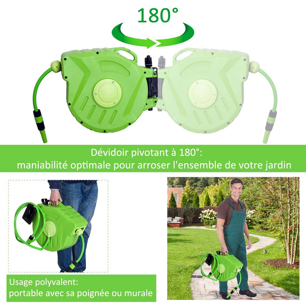 OUTSUNNY Dévidoir mural enrouleur automatique pivotant 180° tuyau 20 + 2 m avec lance arrosage support mural intégré vert