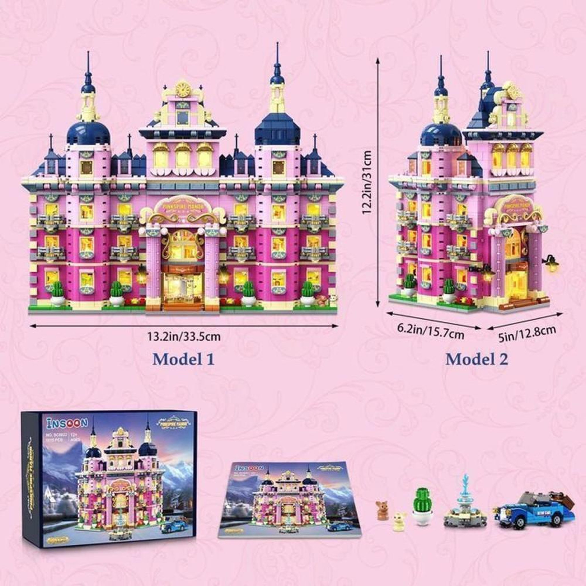 Voir la diapositive 6 : Kit maison de construction à LED Pinkspire Manor rose, 1815 pièces avec voiture et fontaine